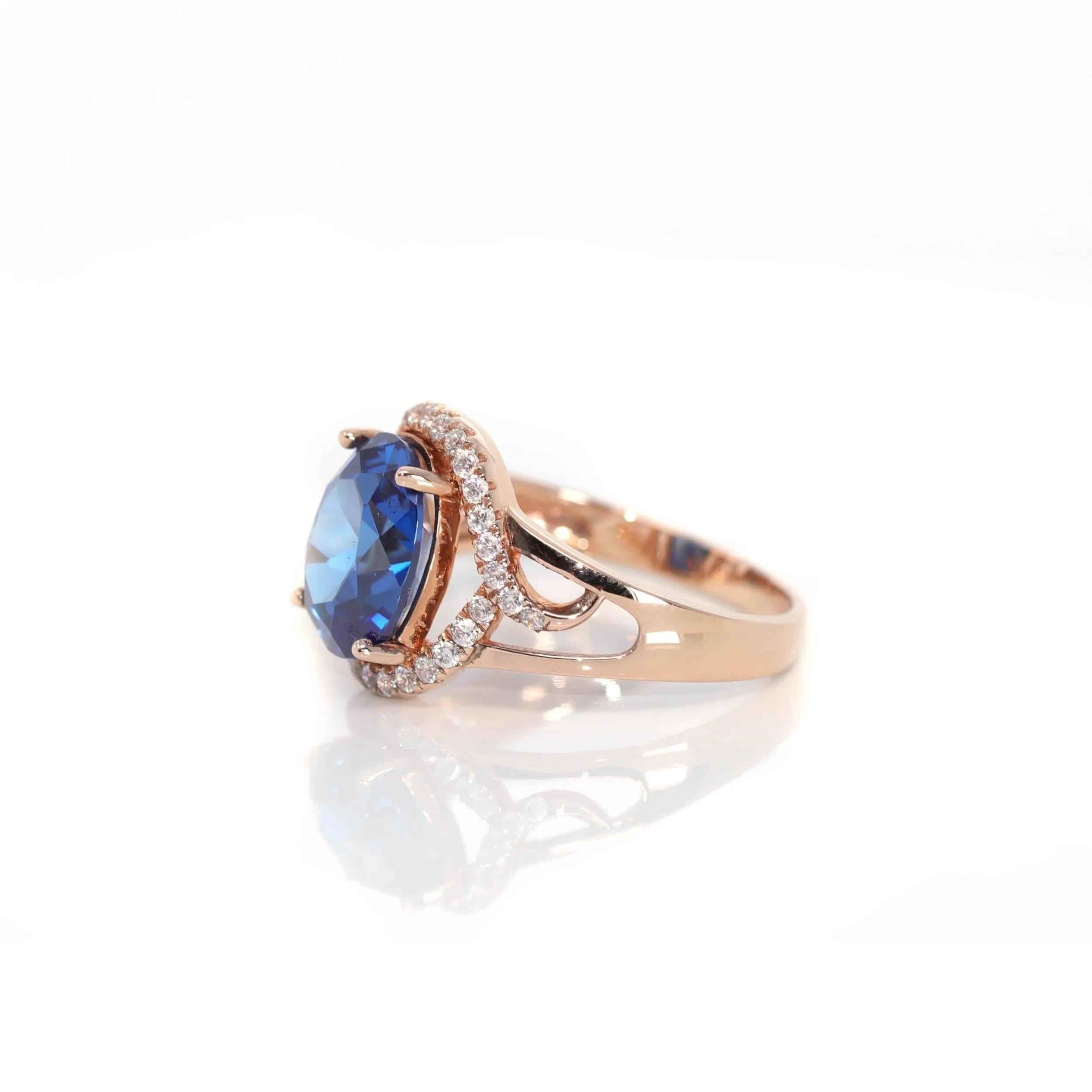 18k Rose Gold Lab-Created Blue Sapphire Ring With CZ
