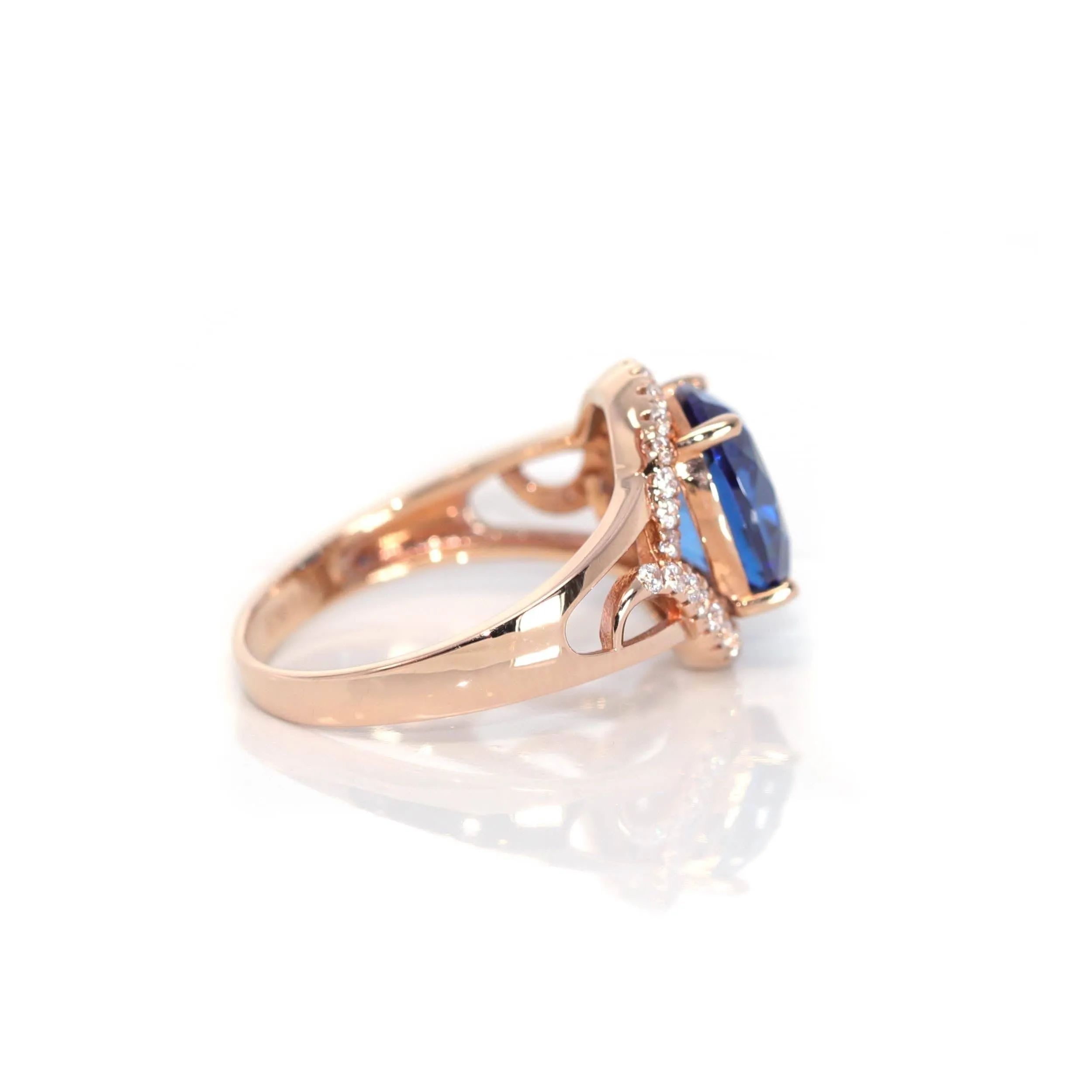 18k Rose Gold Lab-Created Blue Sapphire Ring With CZ