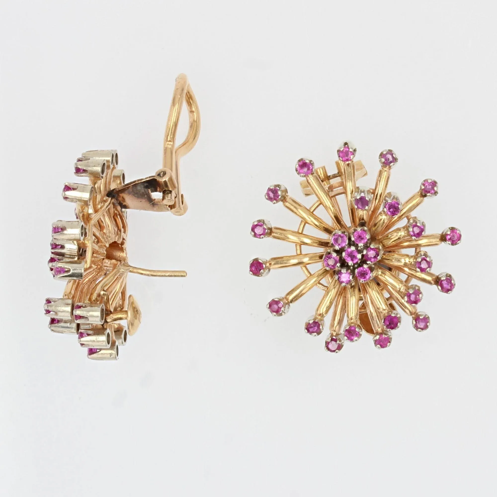 1950s Ruby 18 Karat Yellow Gold Flower Earrings