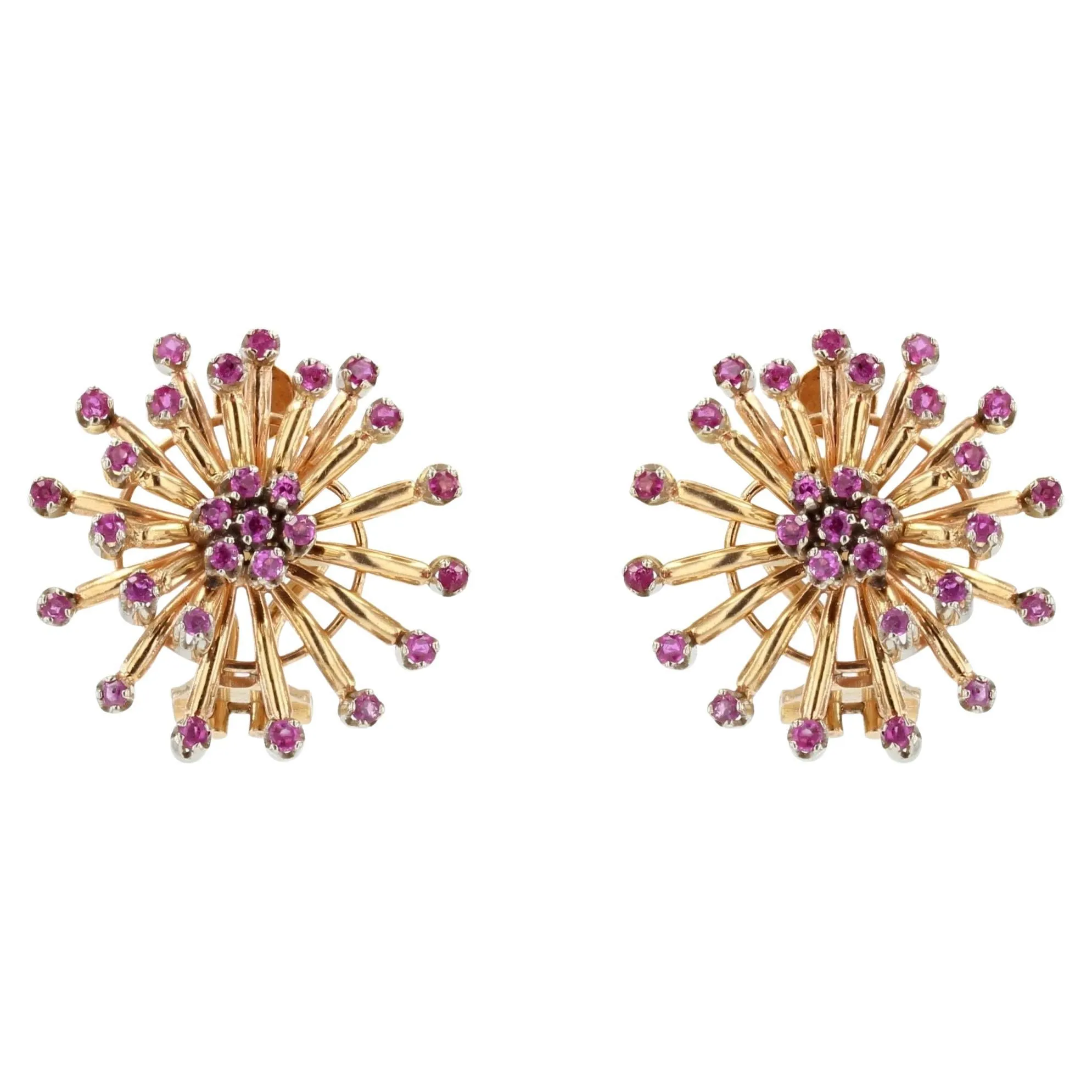1950s Ruby 18 Karat Yellow Gold Flower Earrings