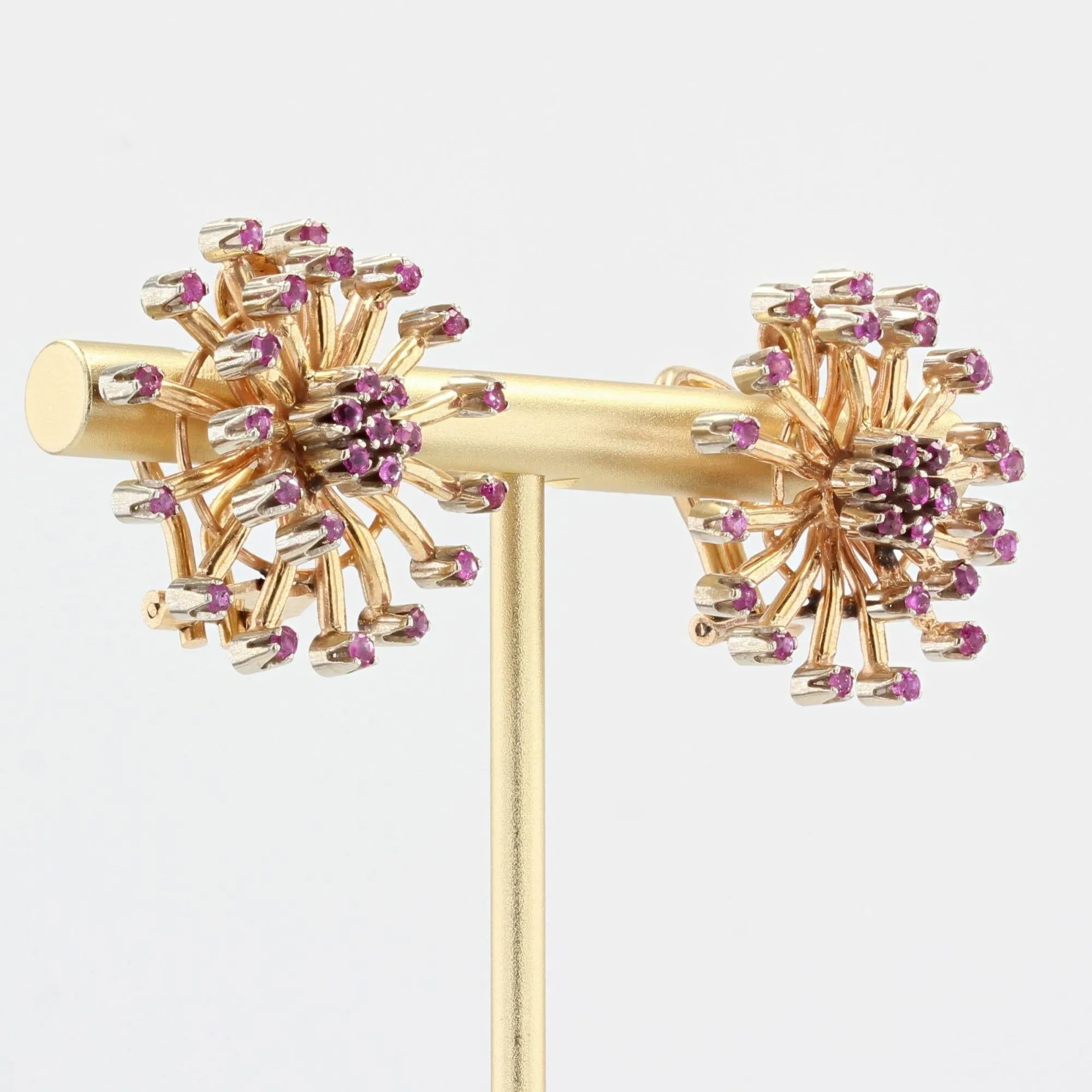 1950s Ruby 18 Karat Yellow Gold Flower Earrings
