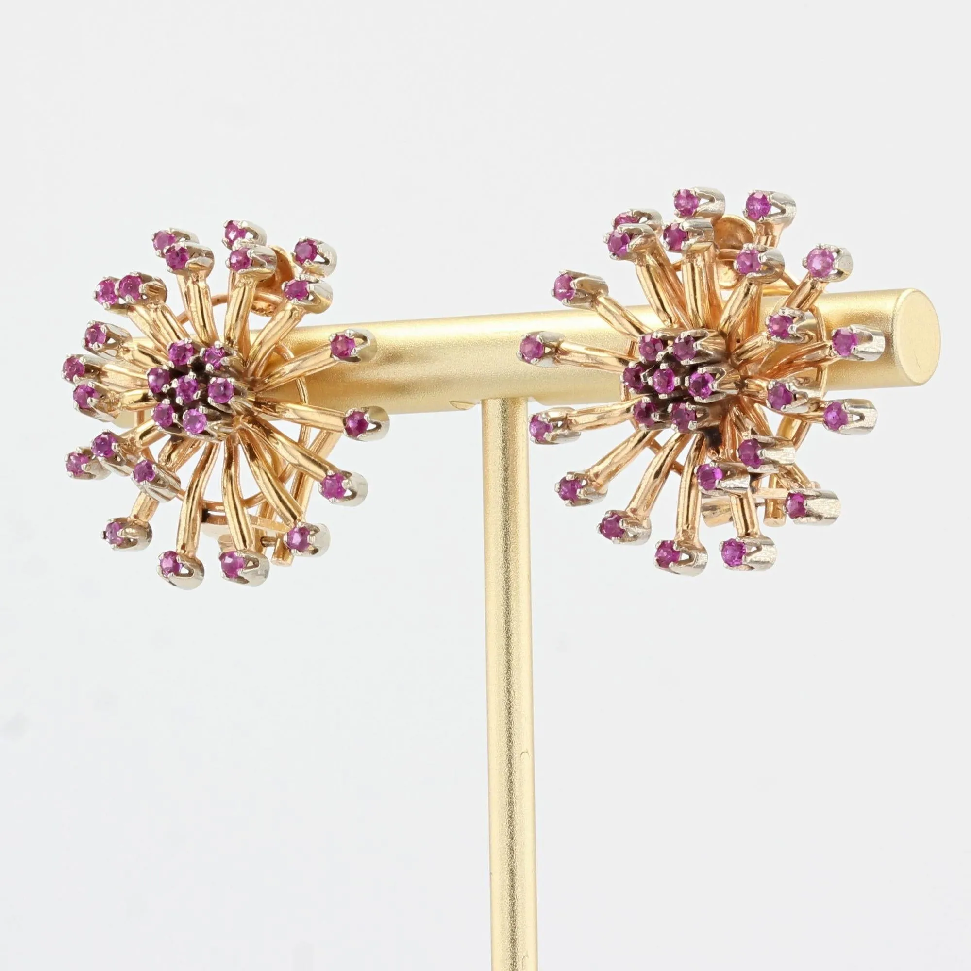 1950s Ruby 18 Karat Yellow Gold Flower Earrings