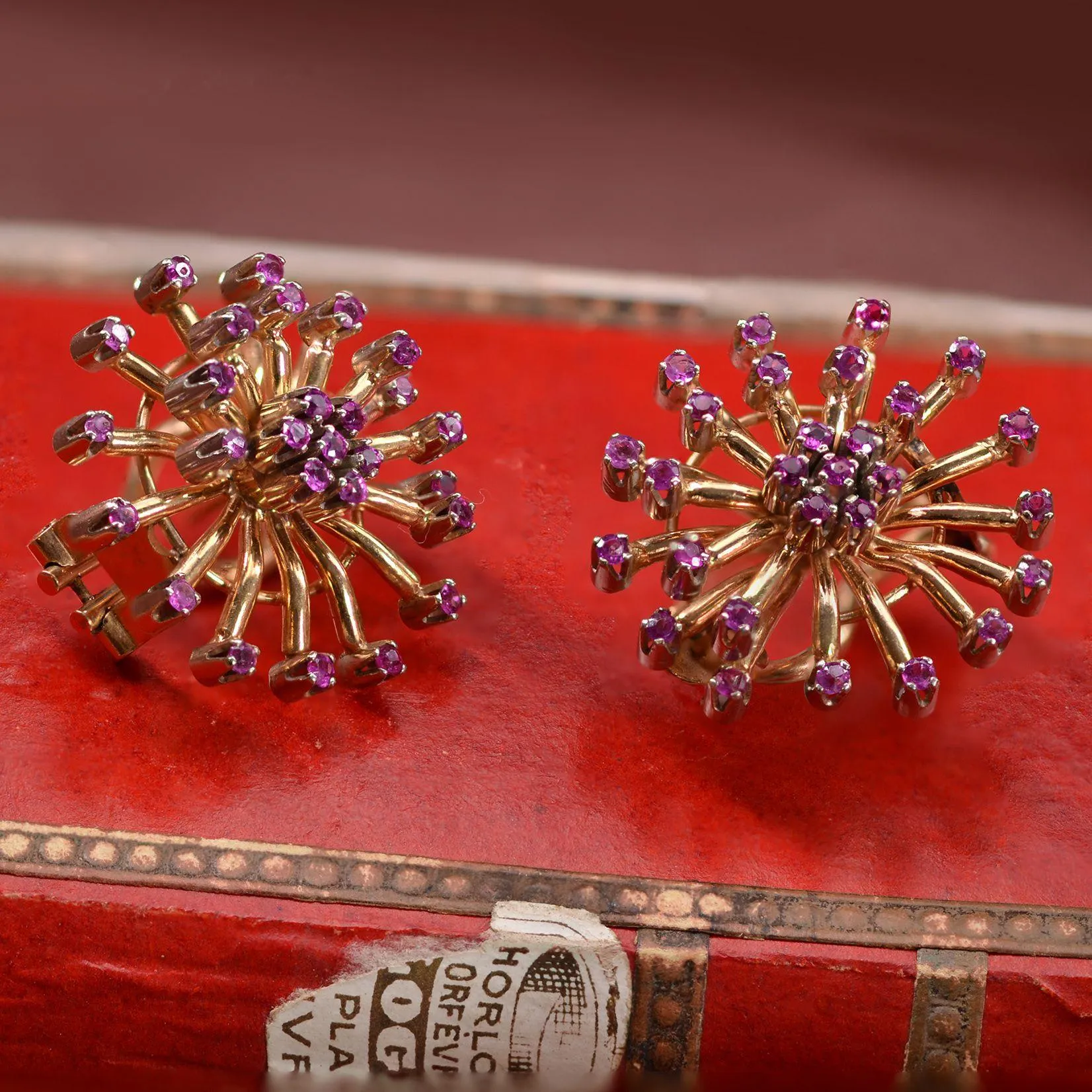 1950s Ruby 18 Karat Yellow Gold Flower Earrings
