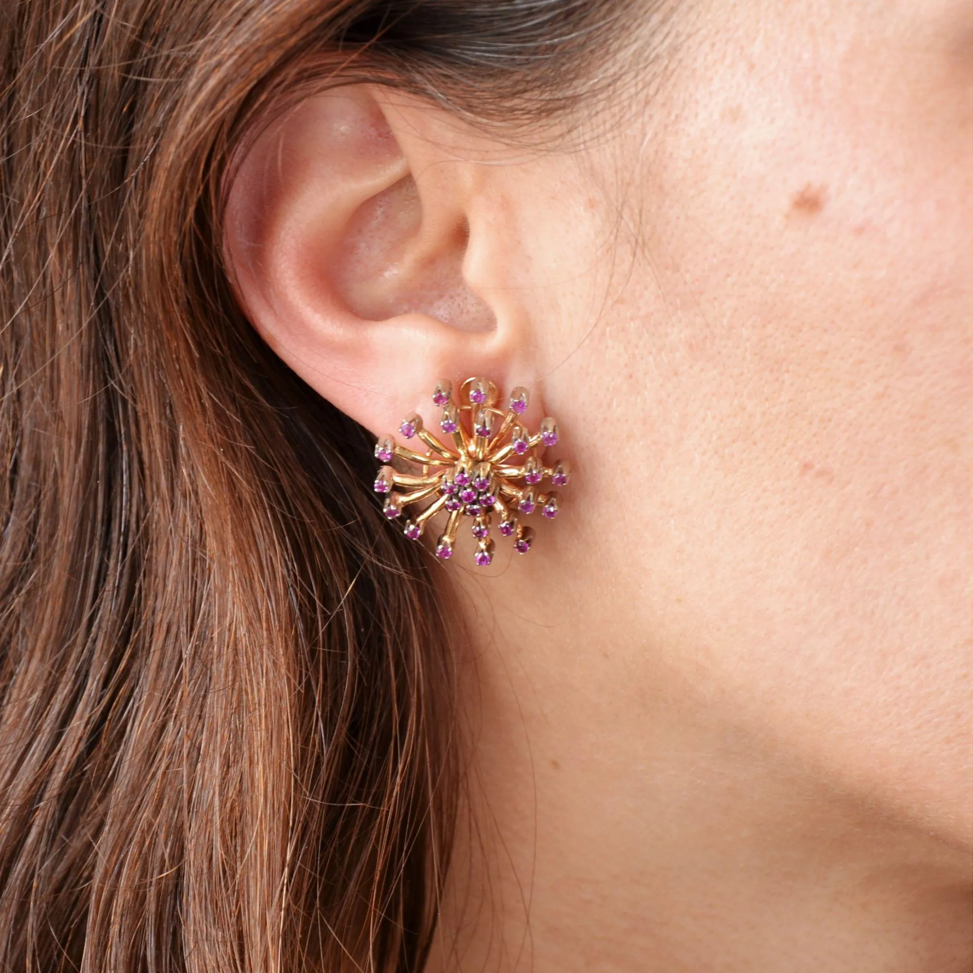 1950s Ruby 18 Karat Yellow Gold Flower Earrings