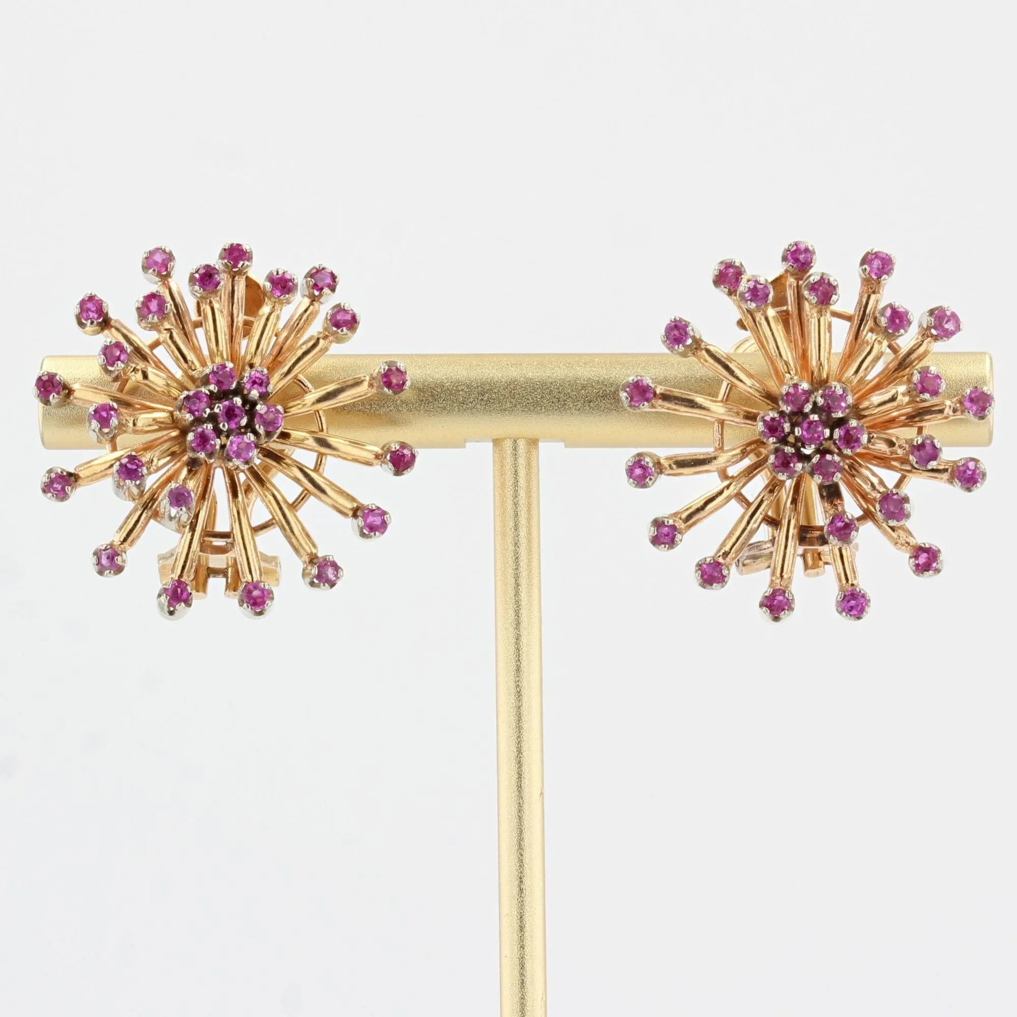 1950s Ruby 18 Karat Yellow Gold Flower Earrings