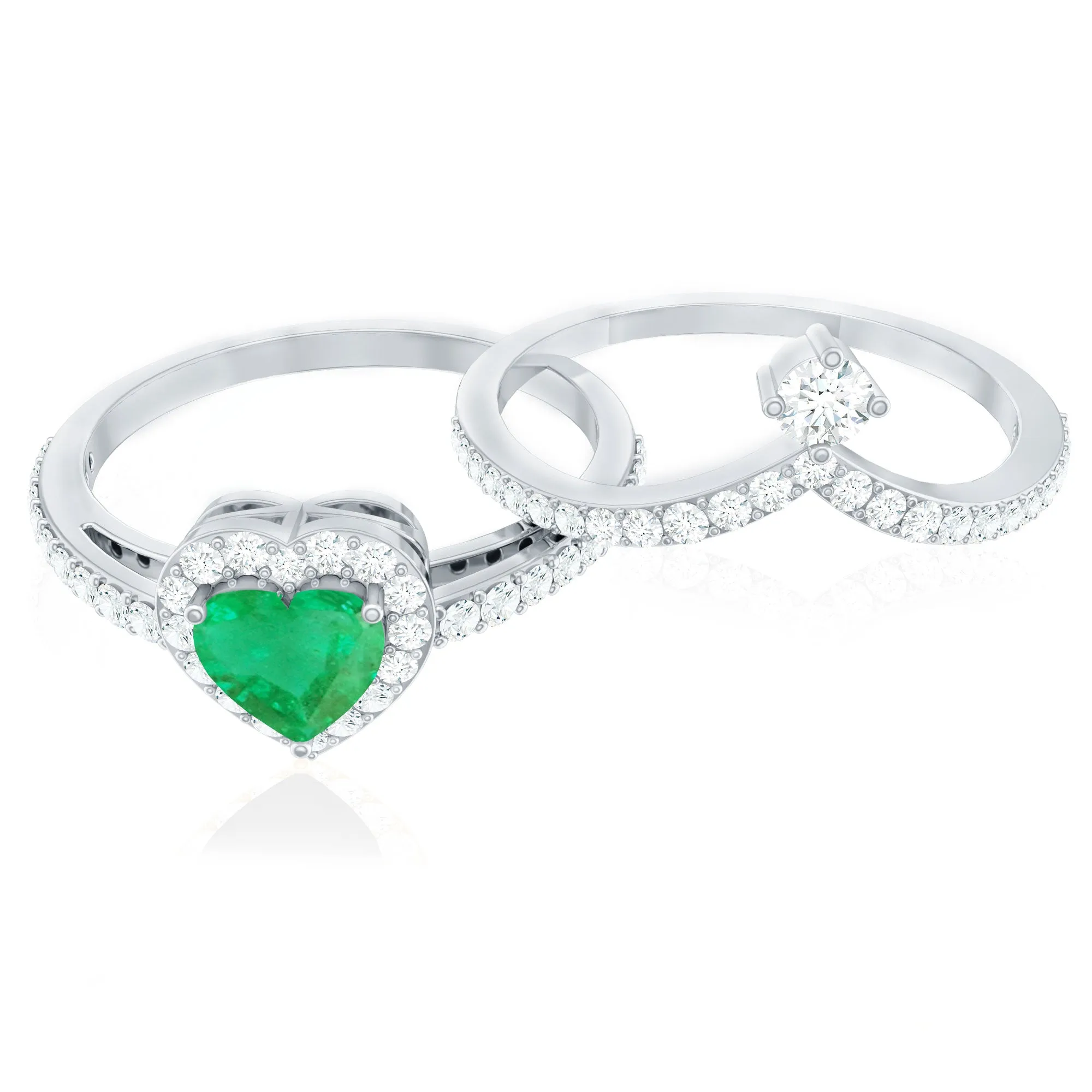 2 CT Heart Shape Emerald and Diamond Bridal Ring Set
