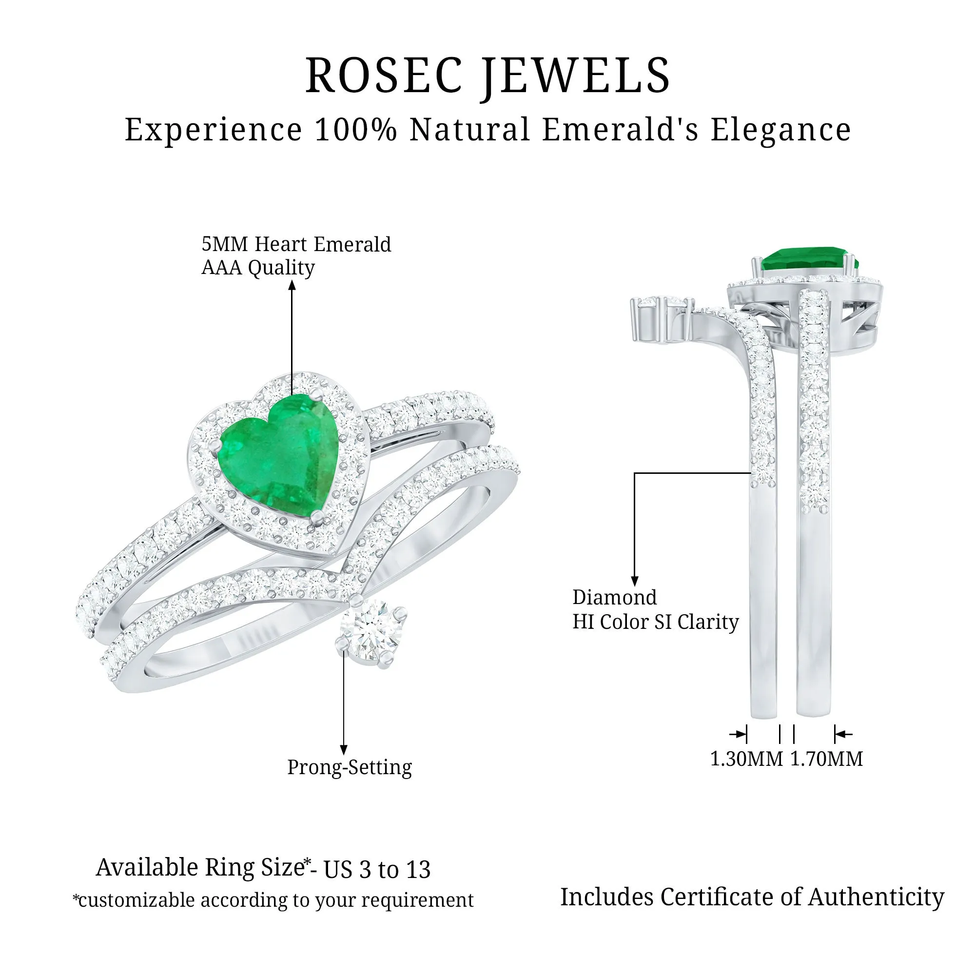 2 CT Heart Shape Emerald and Diamond Bridal Ring Set