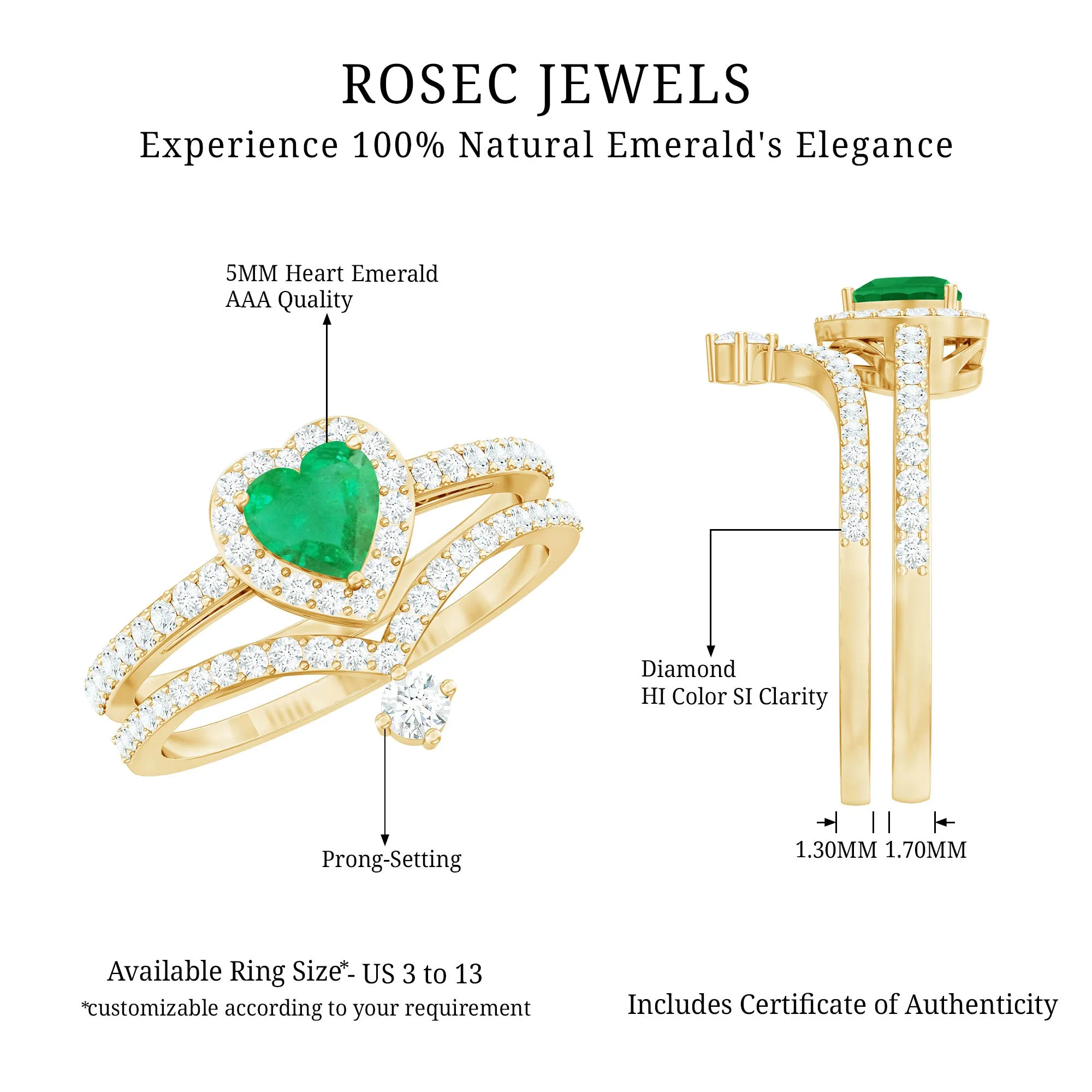 2 CT Heart Shape Emerald and Diamond Bridal Ring Set