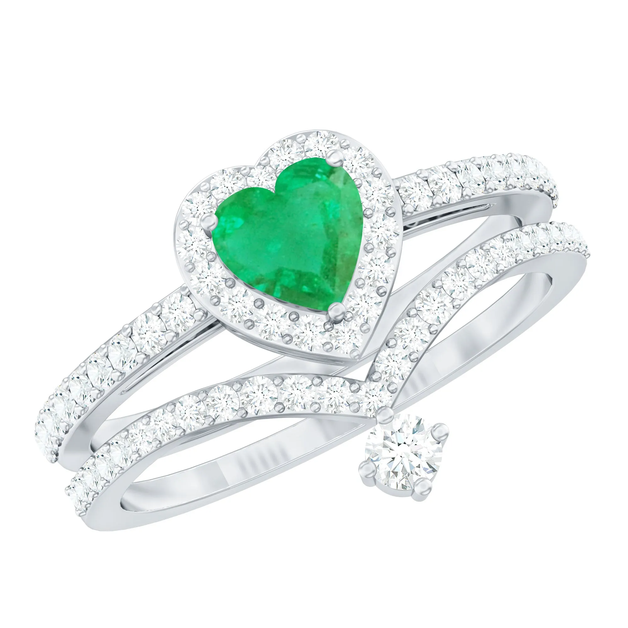 2 CT Heart Shape Emerald and Diamond Bridal Ring Set