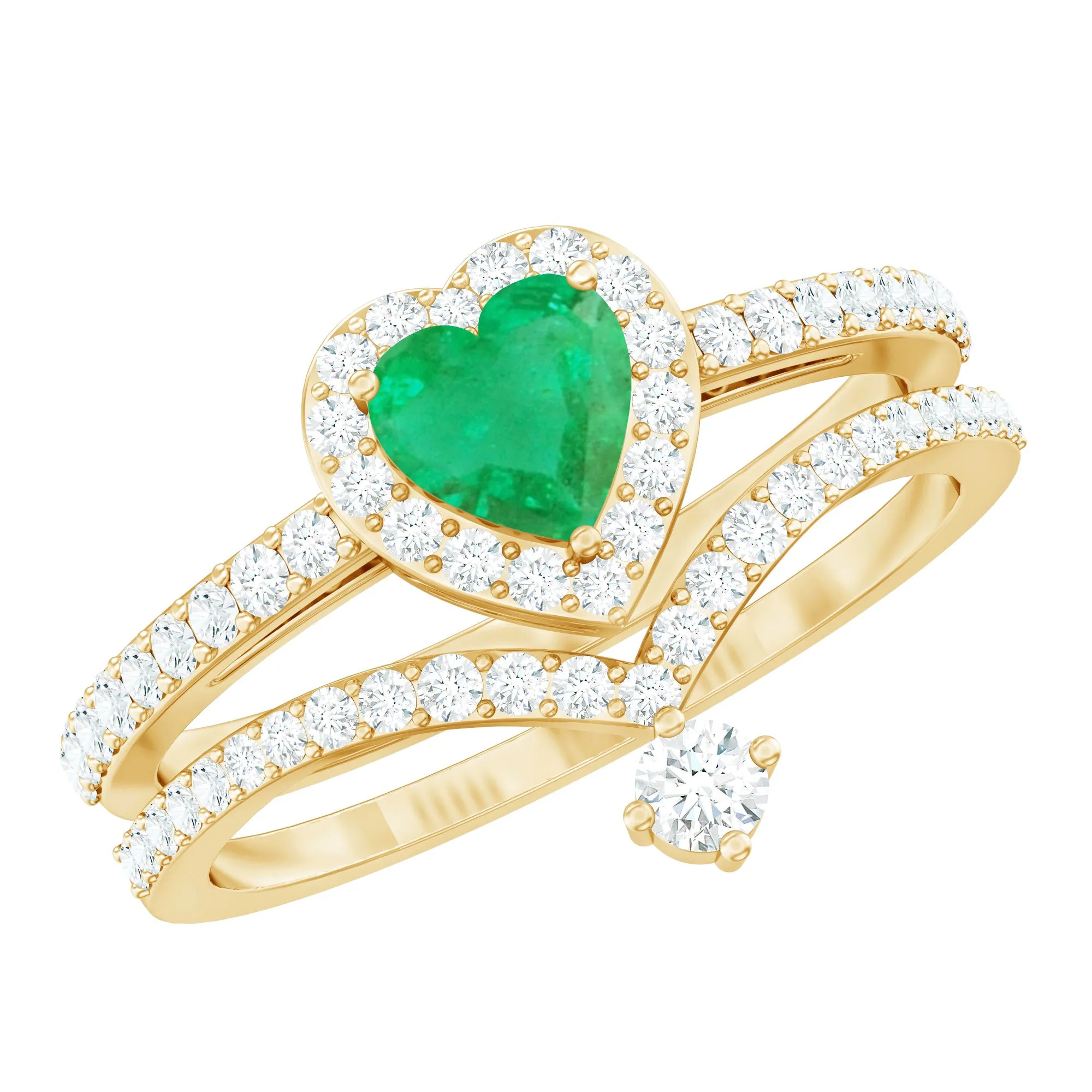 2 CT Heart Shape Emerald and Diamond Bridal Ring Set