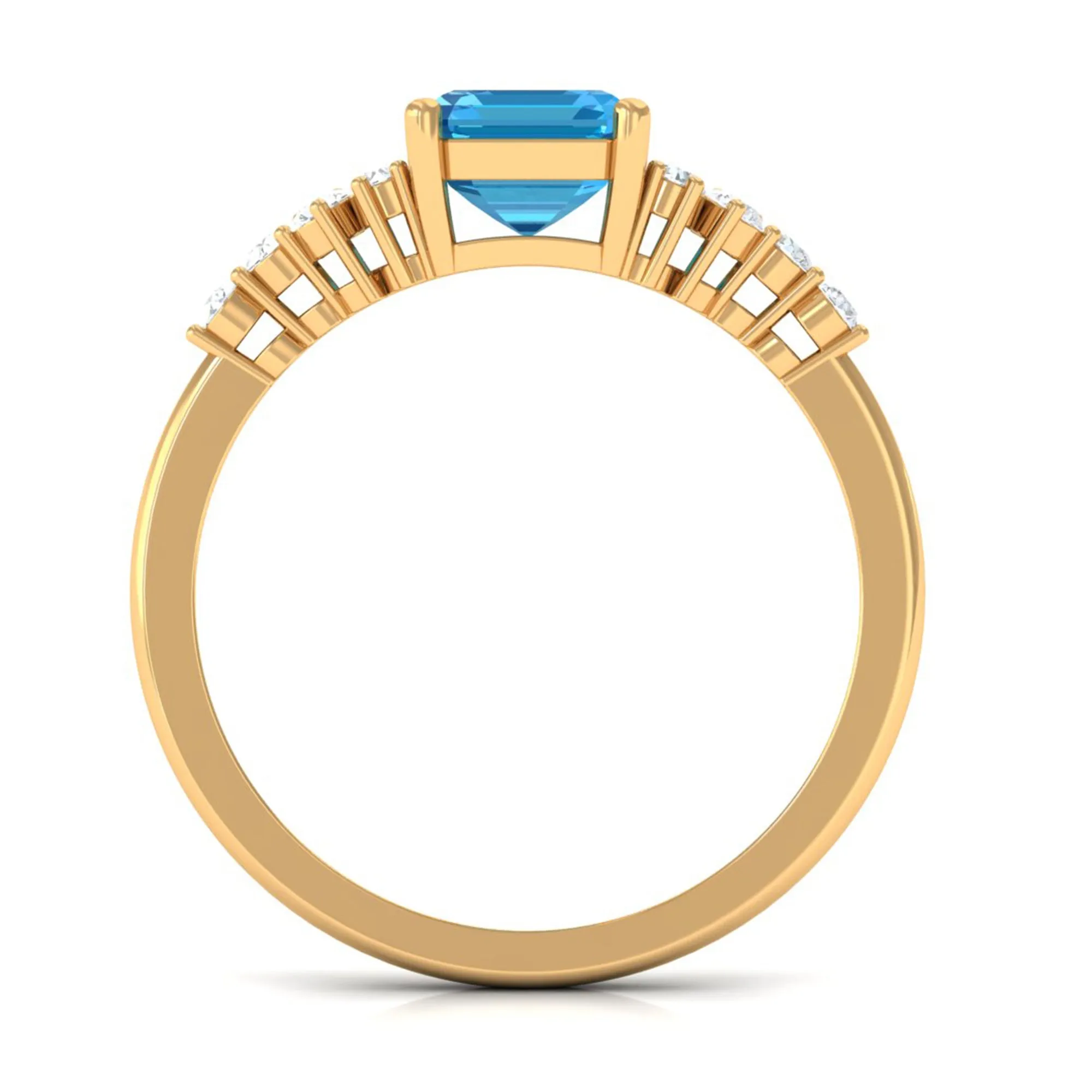 2.50 CT Emerald Cut Swiss Blue Topaz Engagement Ring with Diamond Side Stones