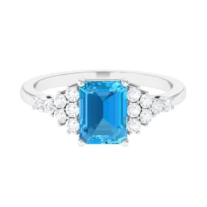 2.50 CT Emerald Cut Swiss Blue Topaz Engagement Ring with Diamond Side Stones