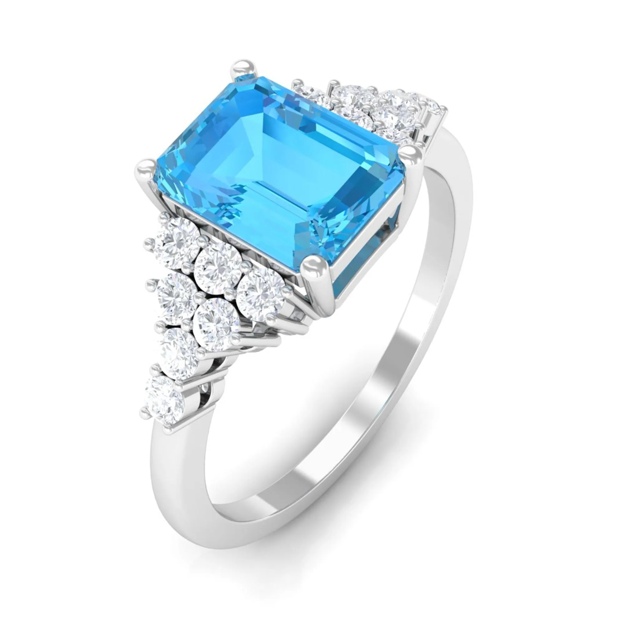 2.50 CT Emerald Cut Swiss Blue Topaz Engagement Ring with Diamond Side Stones