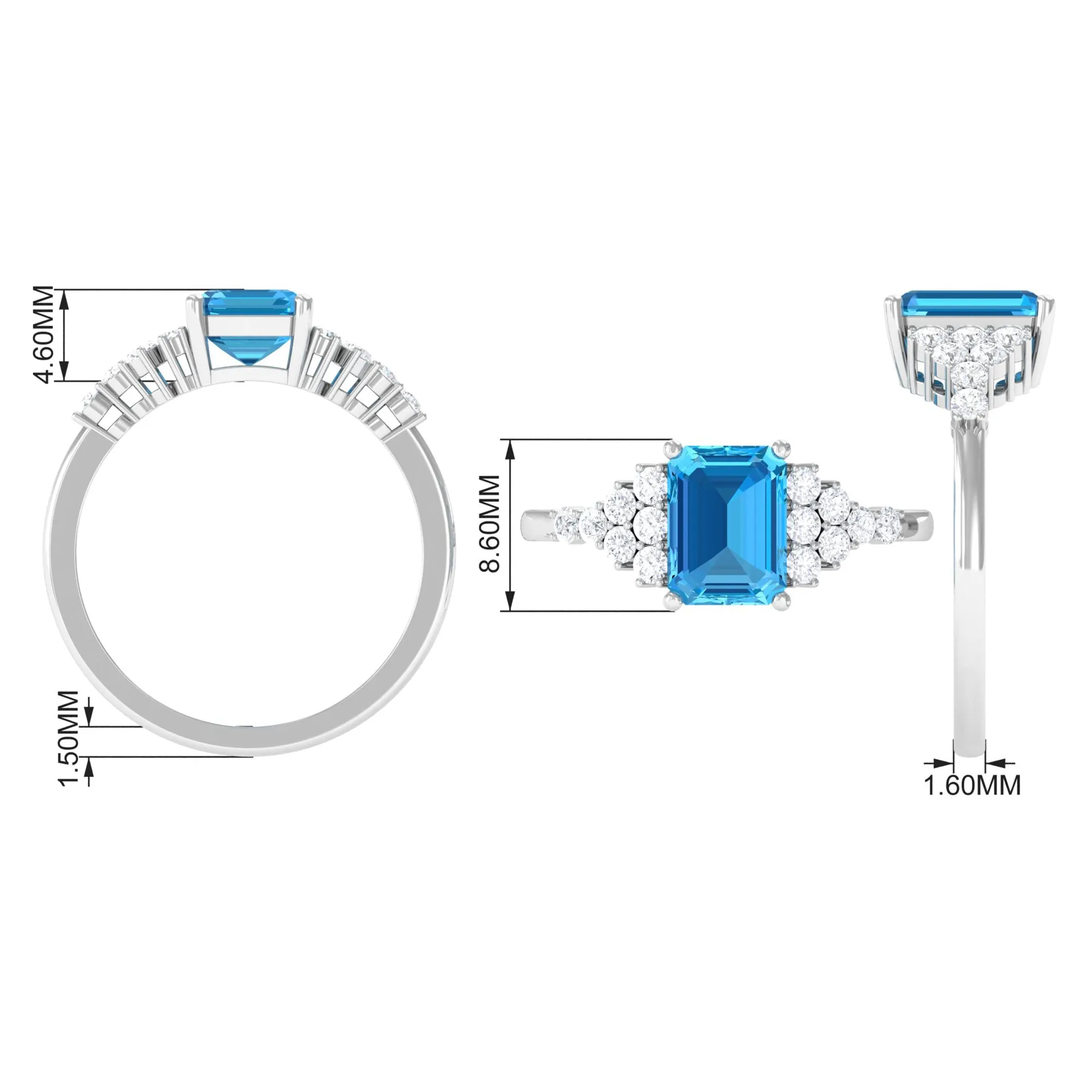 2.50 CT Emerald Cut Swiss Blue Topaz Engagement Ring with Diamond Side Stones