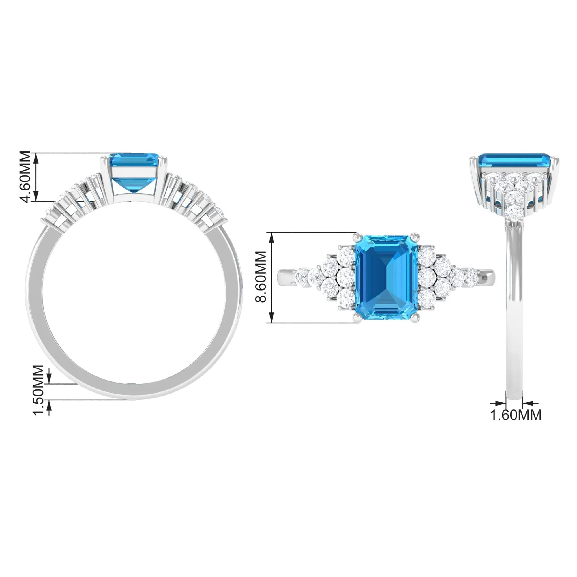 2.50 CT Emerald Cut Swiss Blue Topaz Engagement Ring with Diamond Side Stones