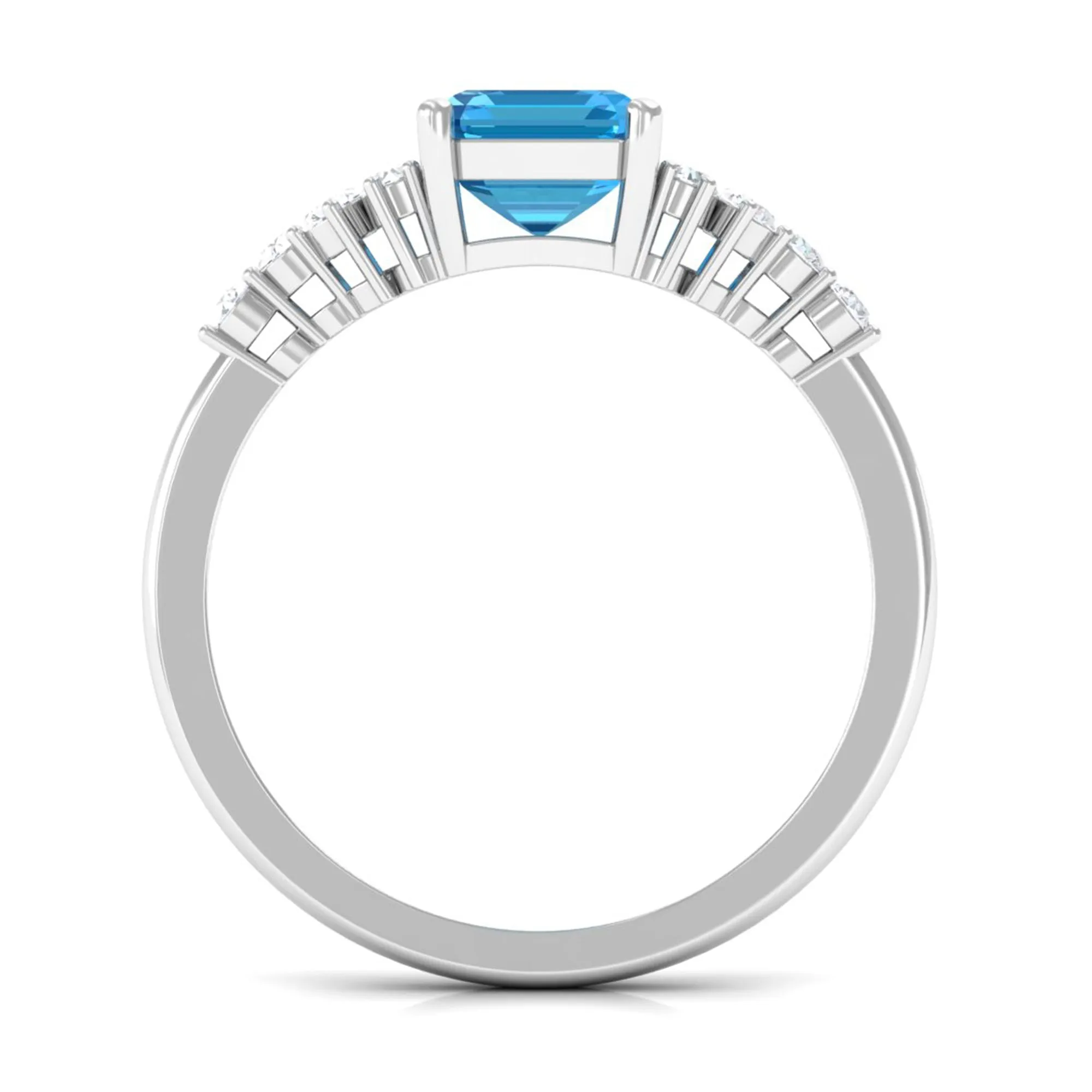 2.50 CT Emerald Cut Swiss Blue Topaz Engagement Ring with Diamond Side Stones