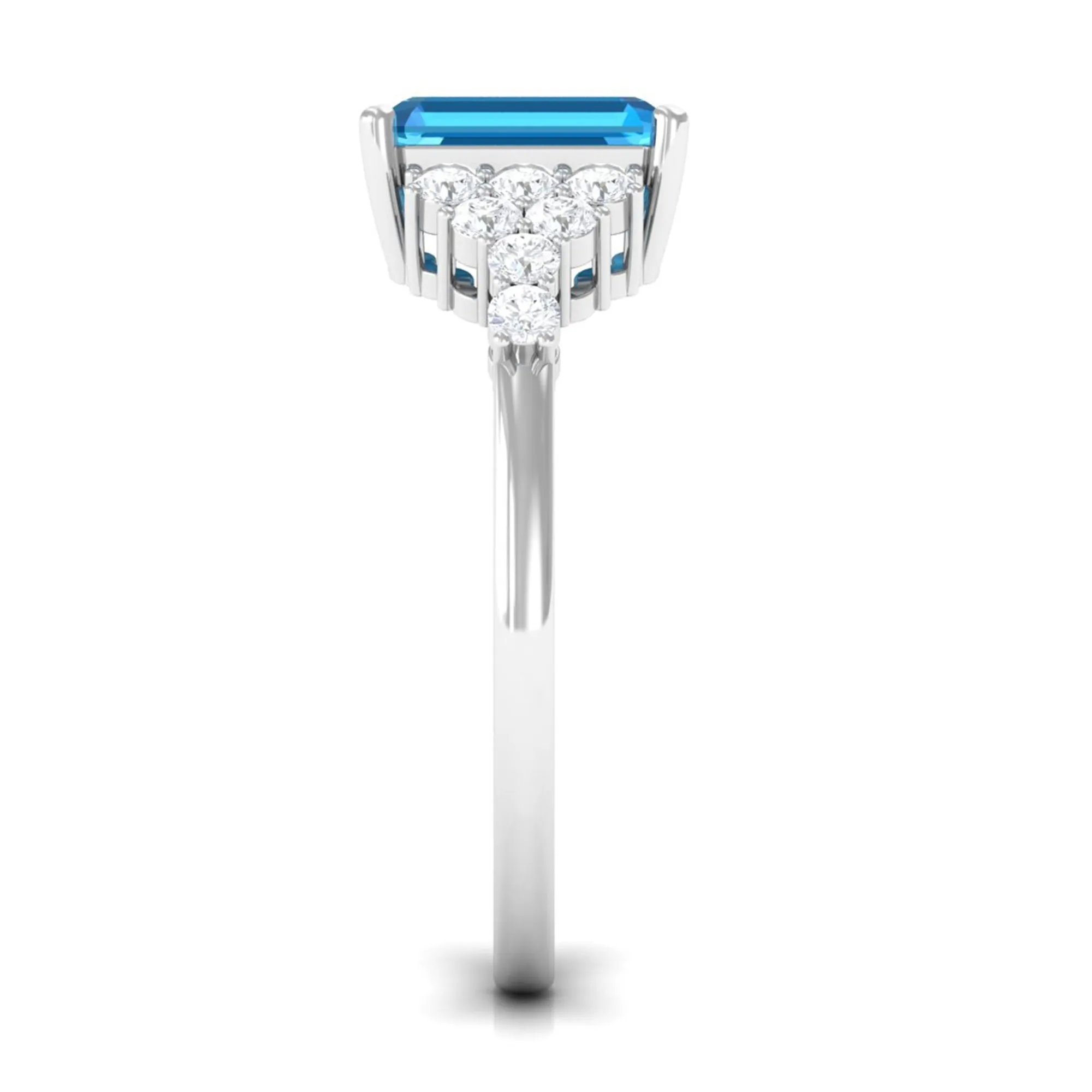 2.50 CT Emerald Cut Swiss Blue Topaz Engagement Ring with Diamond Side Stones