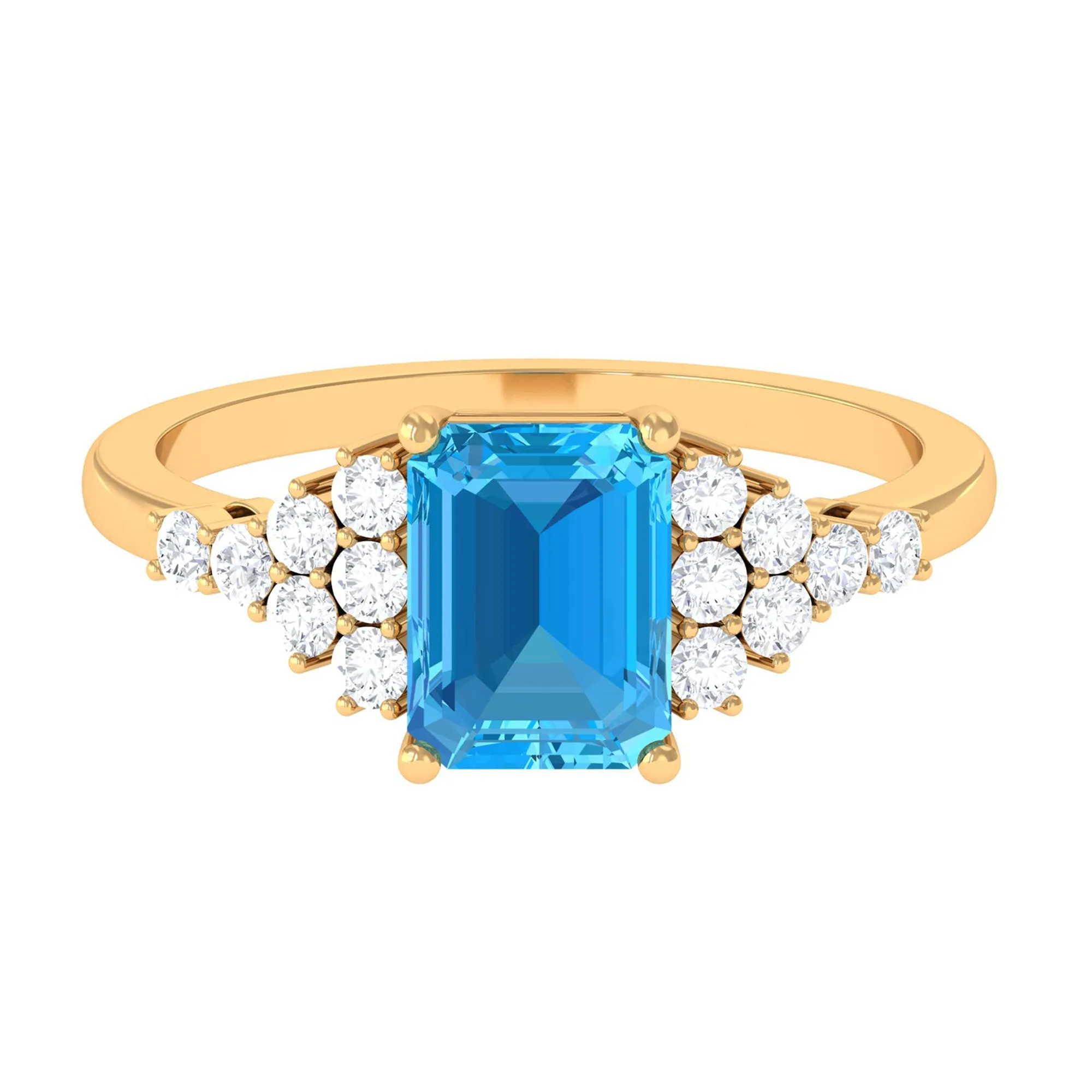 2.50 CT Emerald Cut Swiss Blue Topaz Engagement Ring with Diamond Side Stones