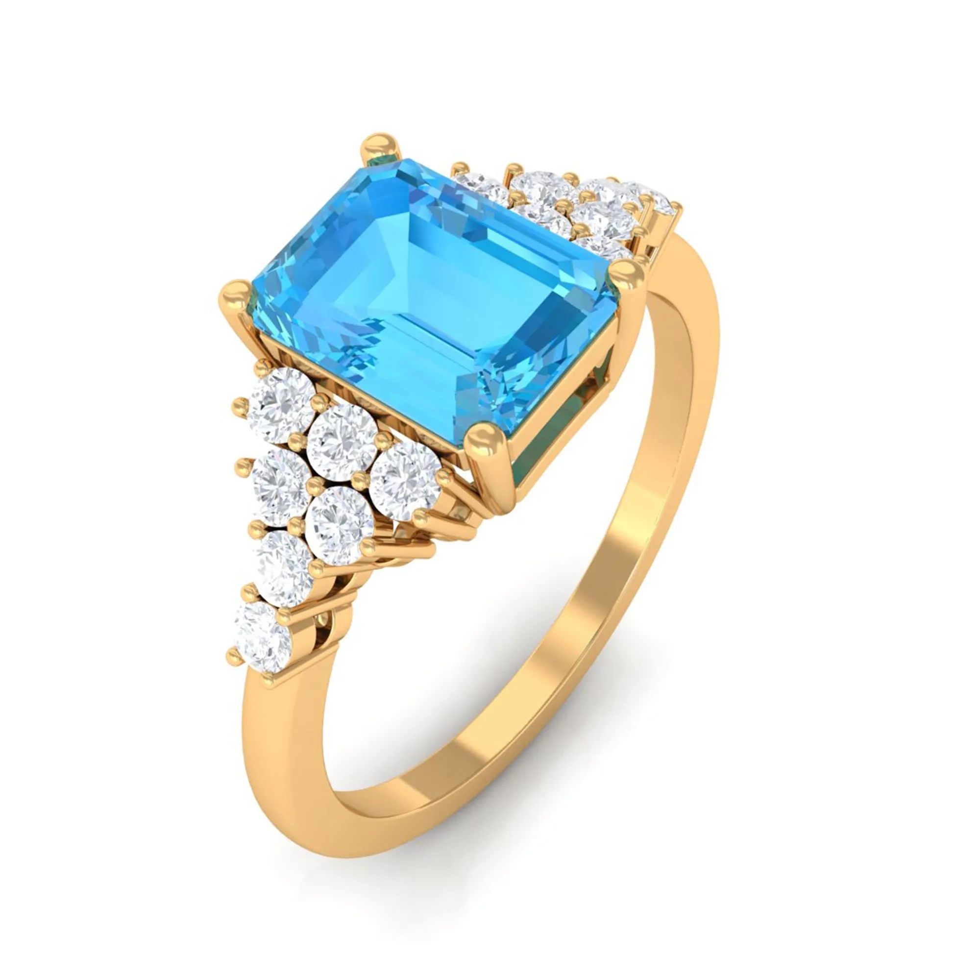 2.50 CT Emerald Cut Swiss Blue Topaz Engagement Ring with Diamond Side Stones