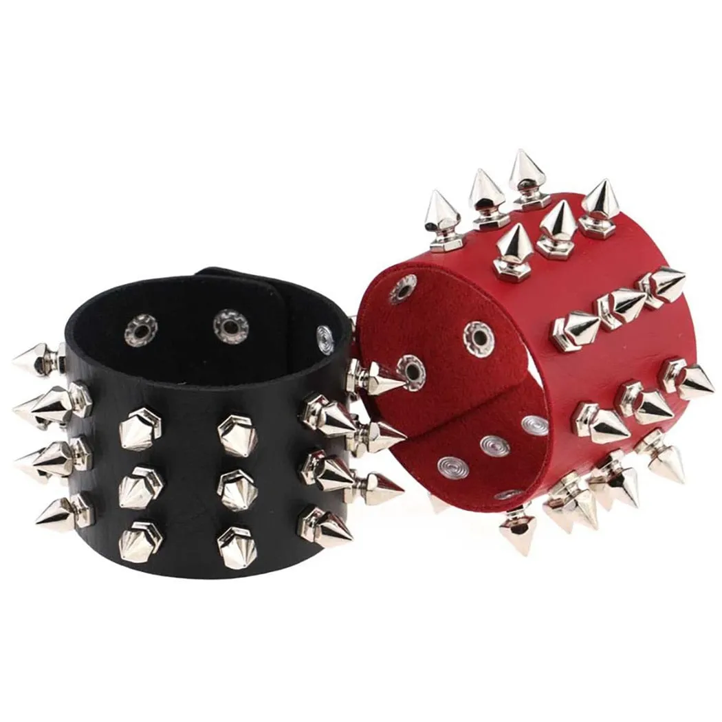 3-Rows Stud Spikes Leather Wristband Bracelet
