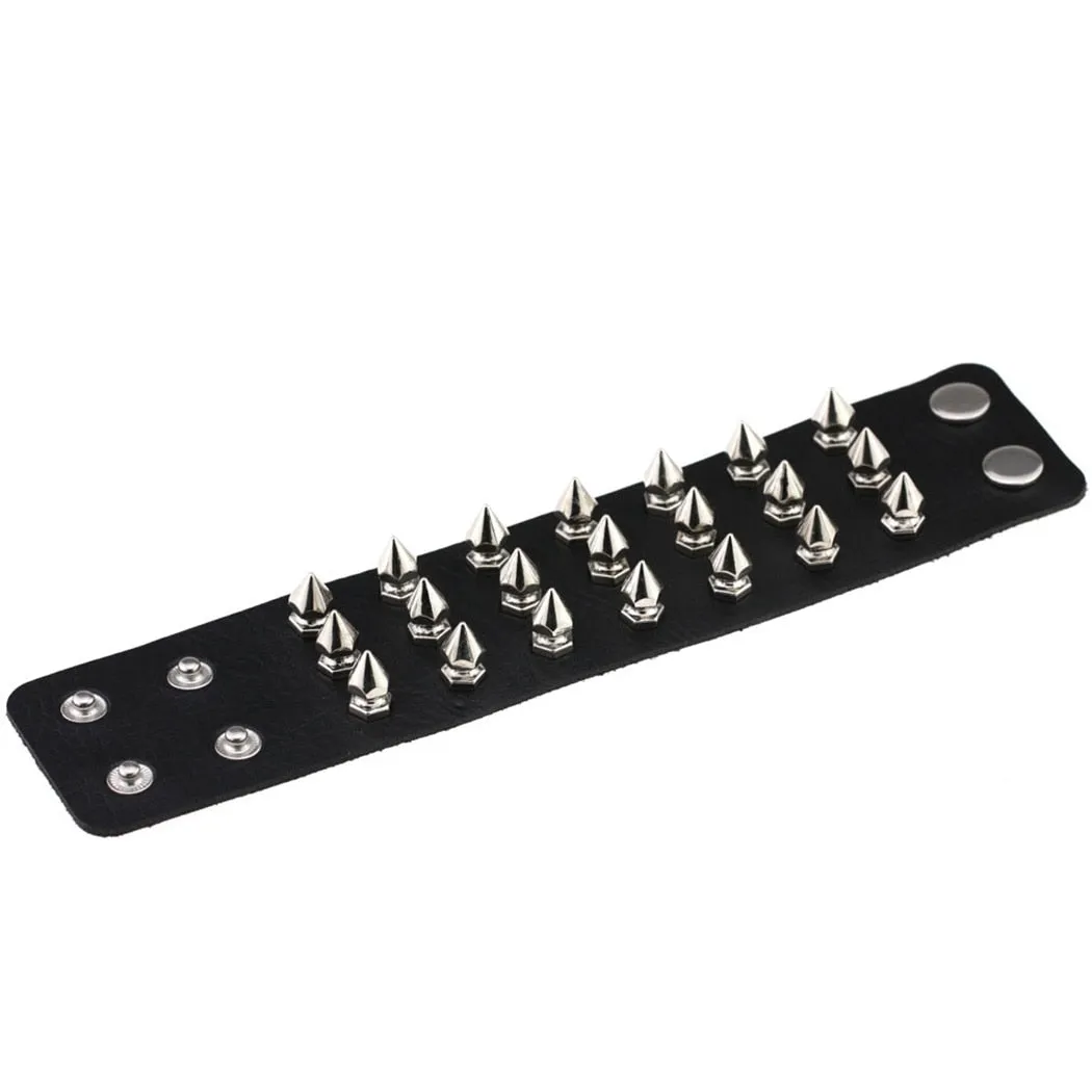 3-Rows Stud Spikes Leather Wristband Bracelet