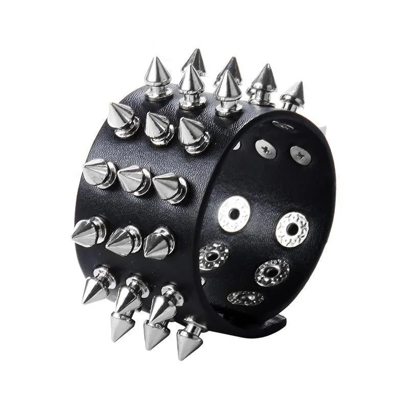 3-Rows Stud Spikes Leather Wristband Bracelet