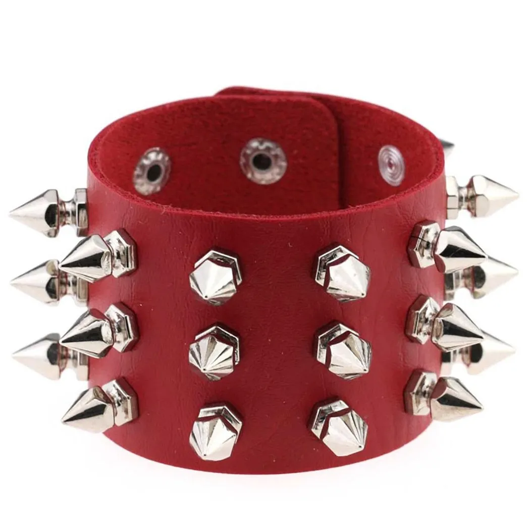 3-Rows Stud Spikes Leather Wristband Bracelet