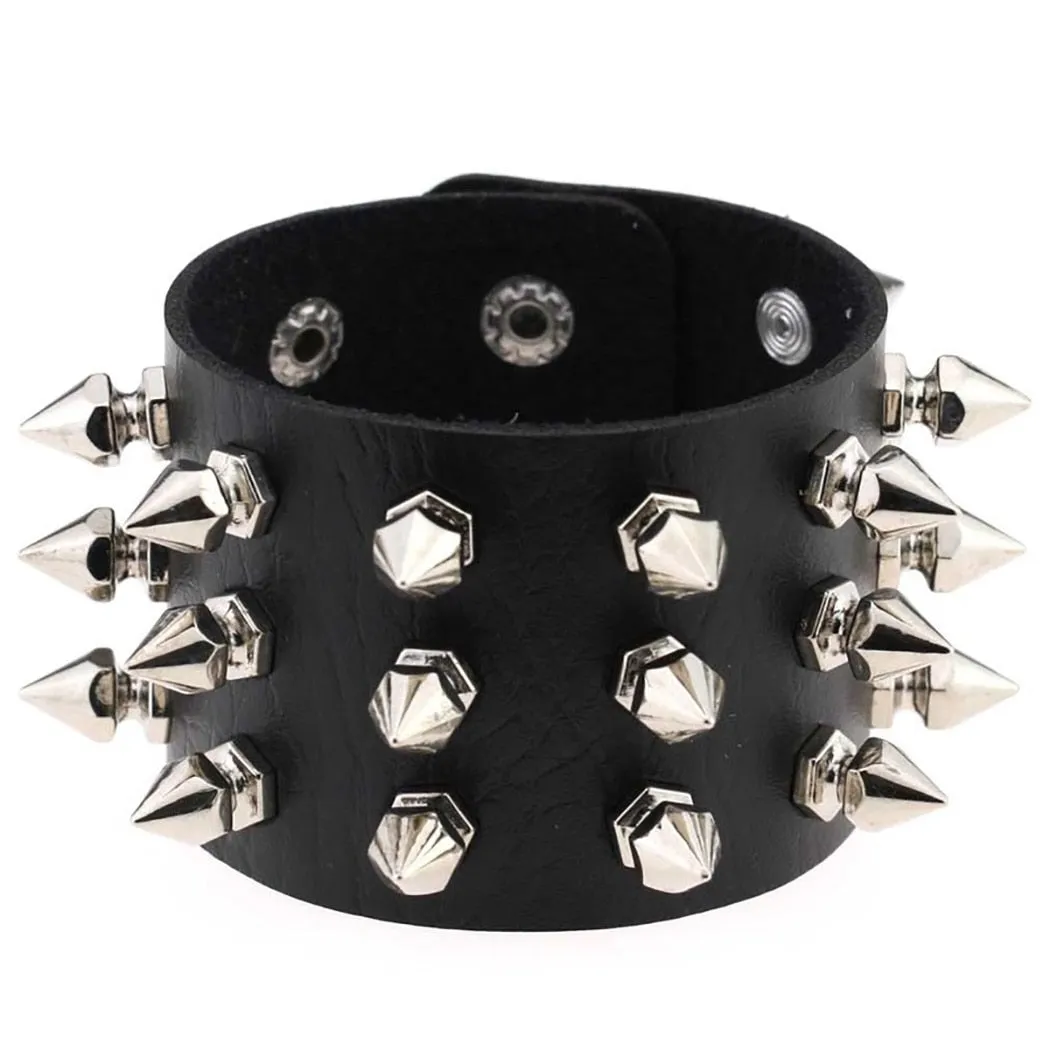 3-Rows Stud Spikes Leather Wristband Bracelet