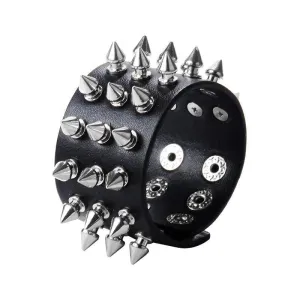 3-Rows Stud Spikes Leather Wristband Bracelet