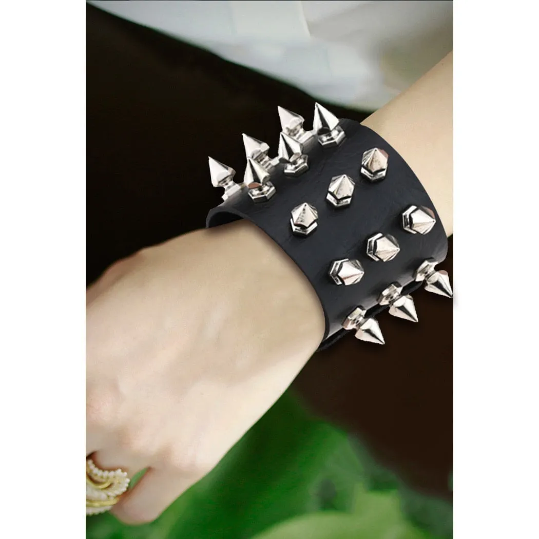 3-Rows Stud Spikes Leather Wristband Bracelet