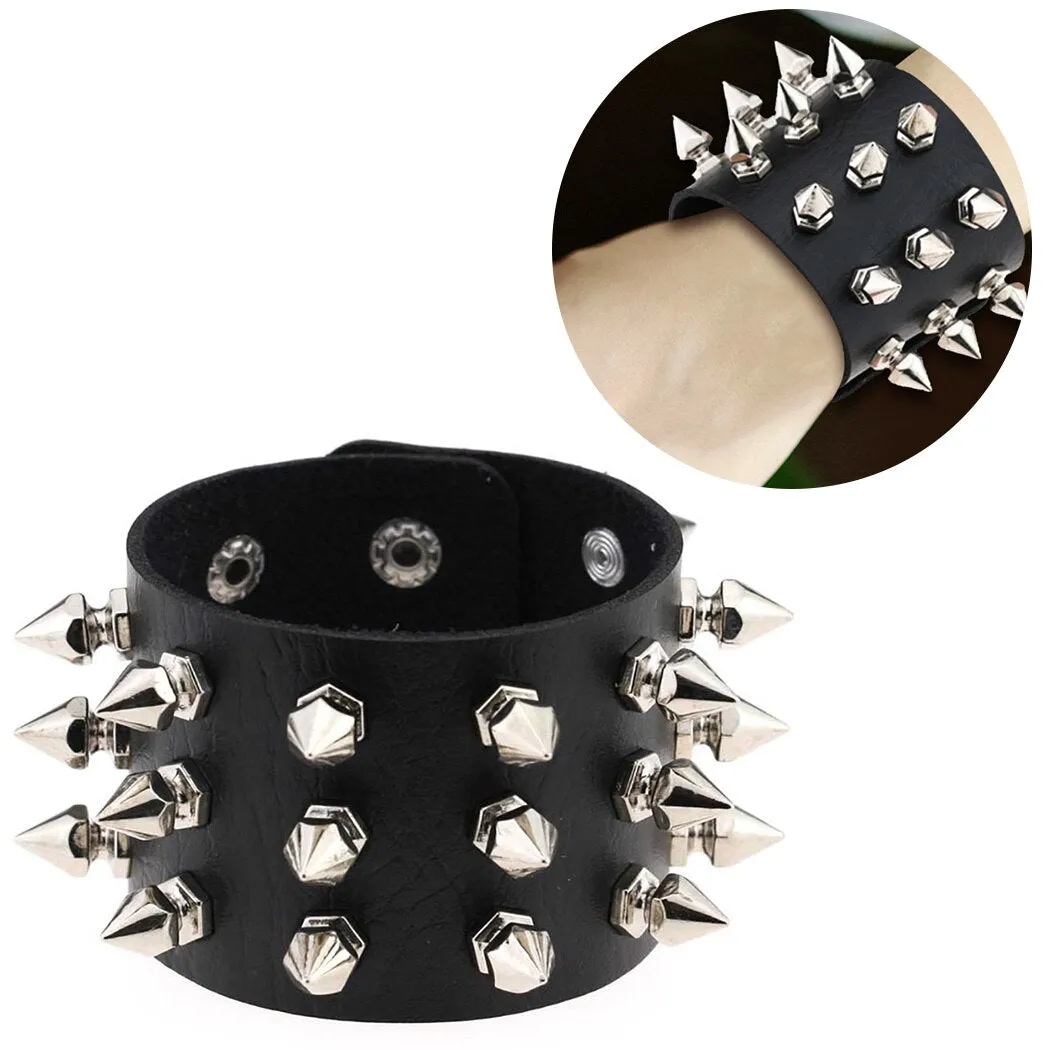 3-Rows Stud Spikes Leather Wristband Bracelet