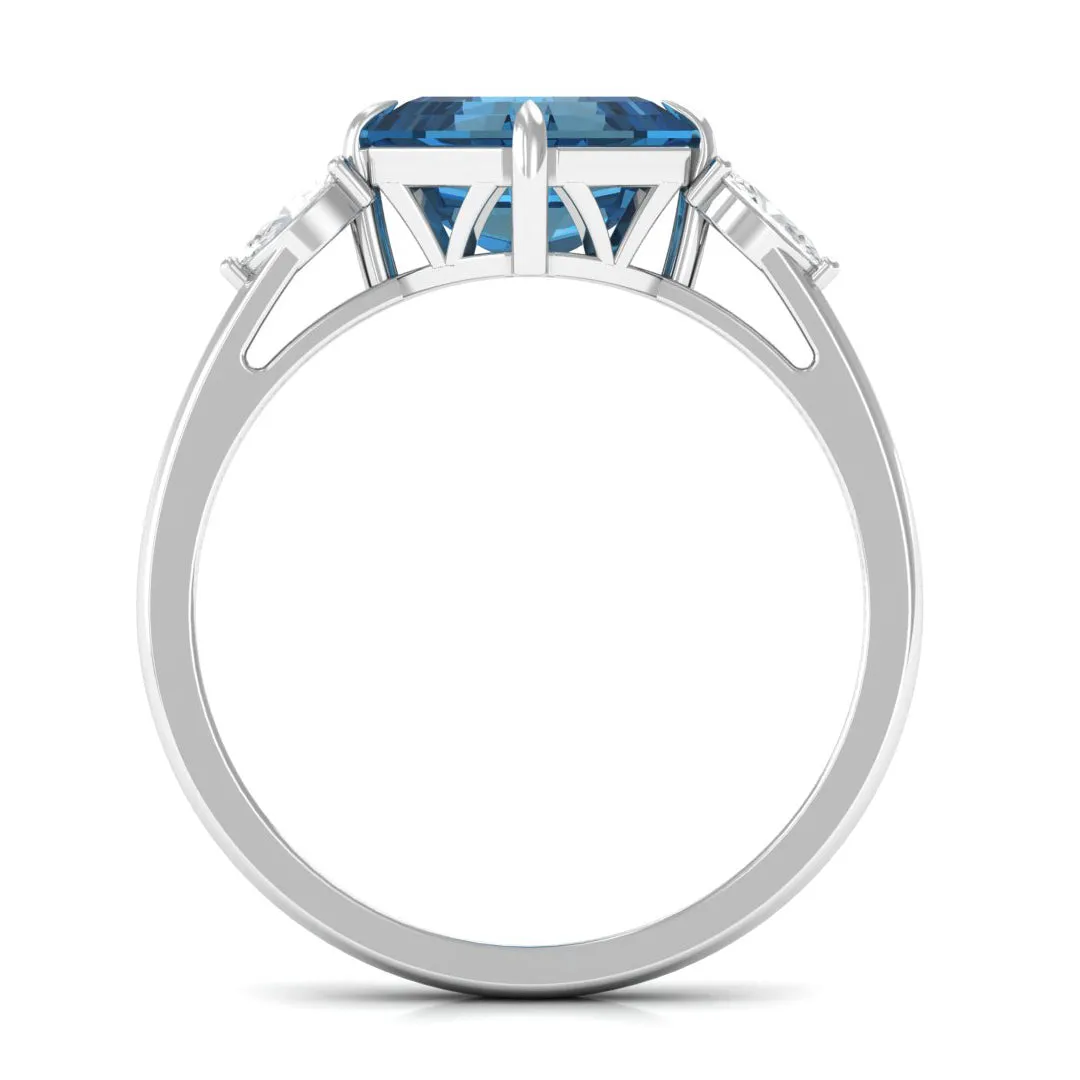3.25 CT Asscher Cut London Blue Topaz Solitaire Engagement Ring with Diamond