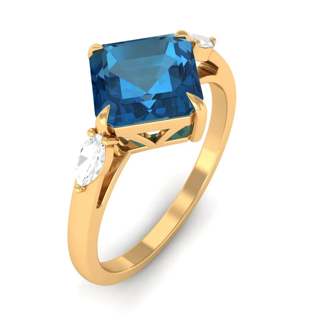 3.25 CT Asscher Cut London Blue Topaz Solitaire Engagement Ring with Diamond