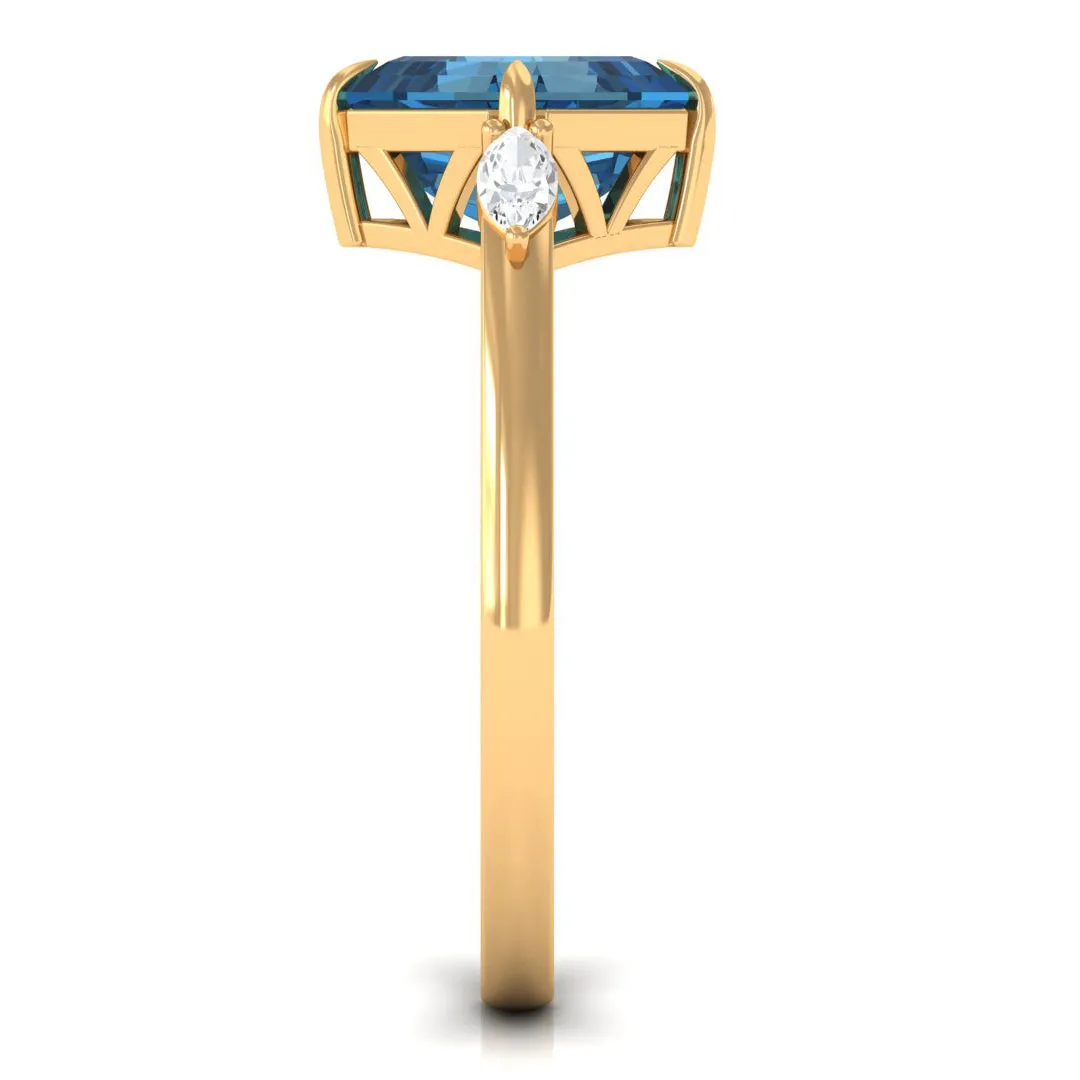 3.25 CT Asscher Cut London Blue Topaz Solitaire Engagement Ring with Diamond