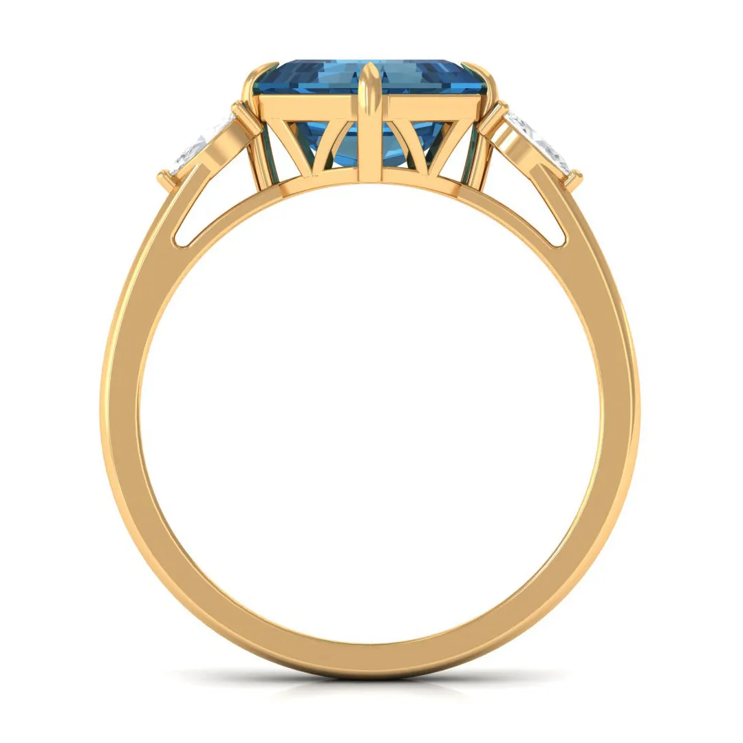 3.25 CT Asscher Cut London Blue Topaz Solitaire Engagement Ring with Diamond