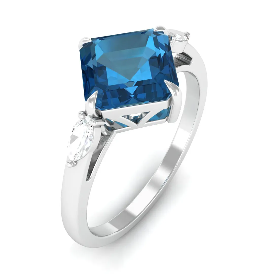 3.25 CT Asscher Cut London Blue Topaz Solitaire Engagement Ring with Diamond