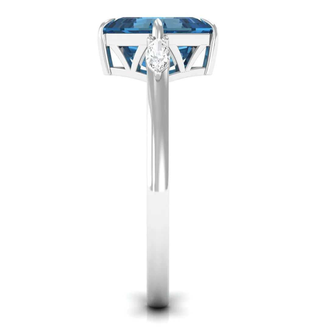 3.25 CT Asscher Cut London Blue Topaz Solitaire Engagement Ring with Diamond