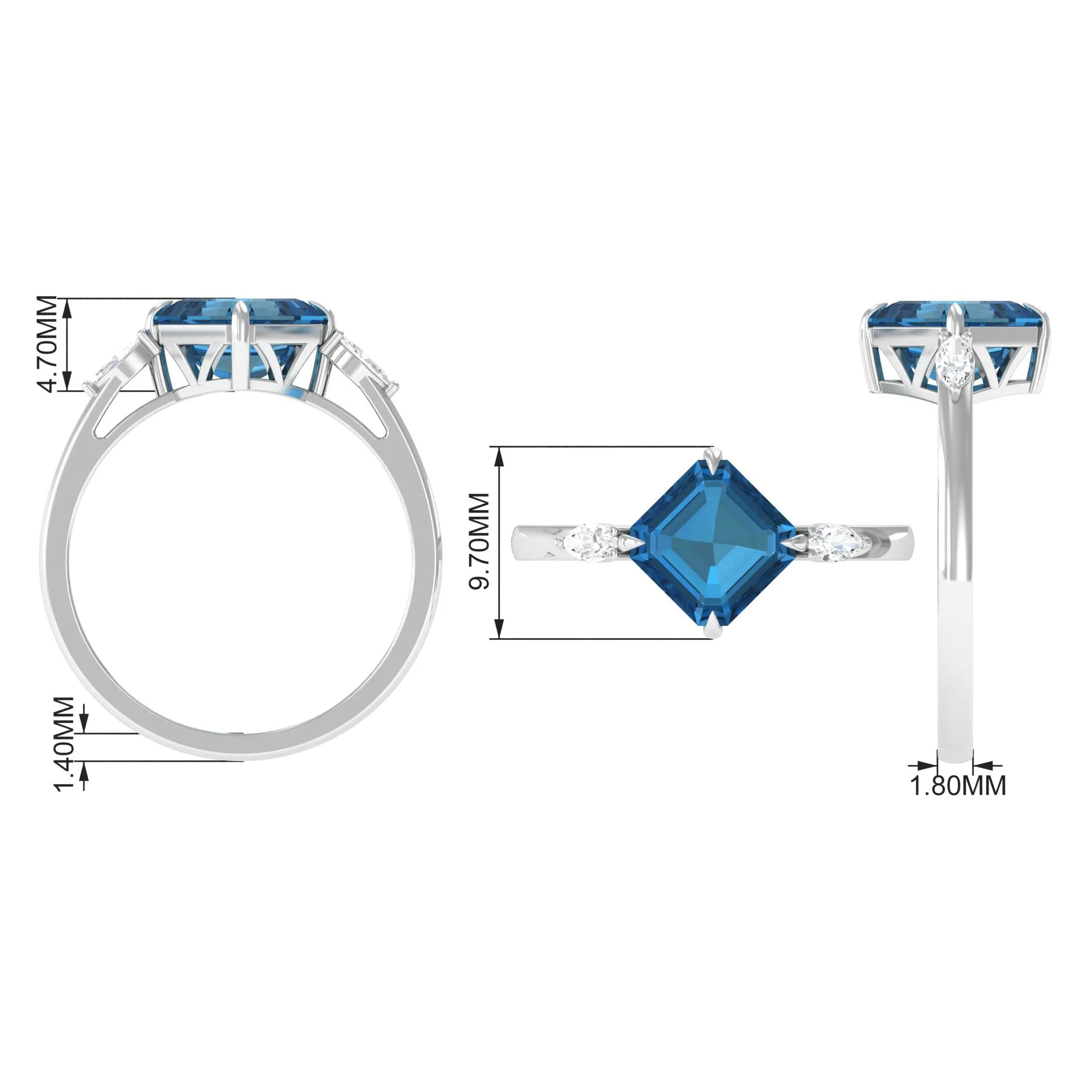 3.25 CT Asscher Cut London Blue Topaz Solitaire Engagement Ring with Diamond