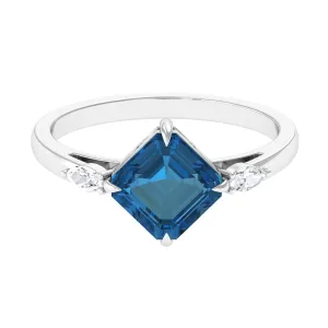 3.25 CT Asscher Cut London Blue Topaz Solitaire Engagement Ring with Diamond