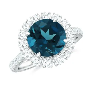 3.25 CT Halo Engagement Ring with London Blue Topaz and Moissanite for Women