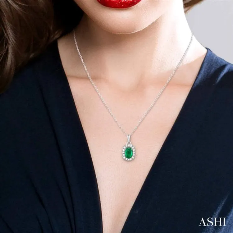 6x4 MM Oval Cut Emerald and 1/6 Ctw Round Cut Diamond Precious Pendant in 14K White Gold with Chain