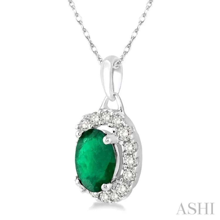 6x4 MM Oval Cut Emerald and 1/6 Ctw Round Cut Diamond Precious Pendant in 14K White Gold with Chain