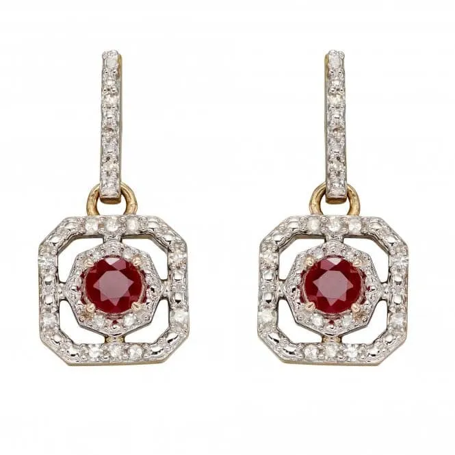 9ct Ruby Illusion Setting Diamond Art Deco Yellow Gold Earrings GE2359R