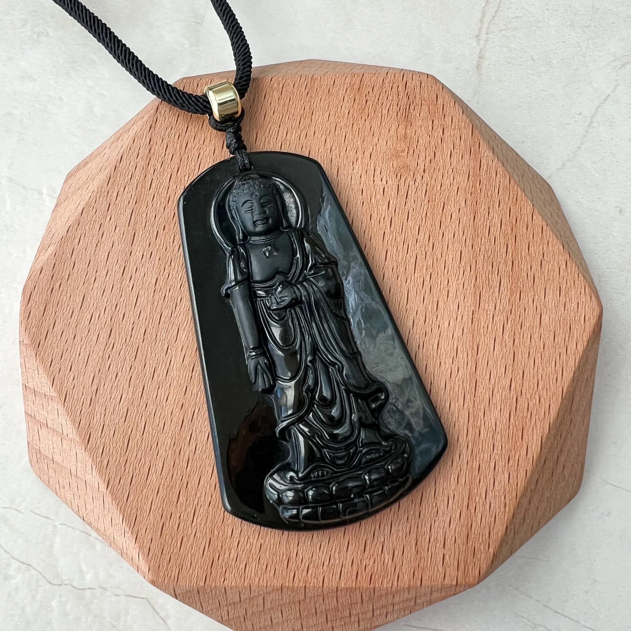 Amitabha Buddha Amita Amida, Black Jadeite Jade Omphacite Carved Pendant Necklace, LGG-1221-1673820659