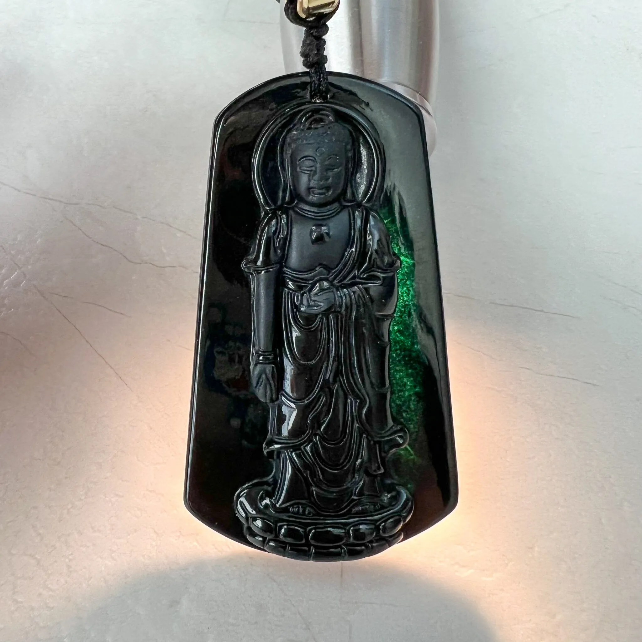 Amitabha Buddha Amita Amida, Black Jadeite Jade Omphacite Carved Pendant Necklace, LGG-1221-1673820659
