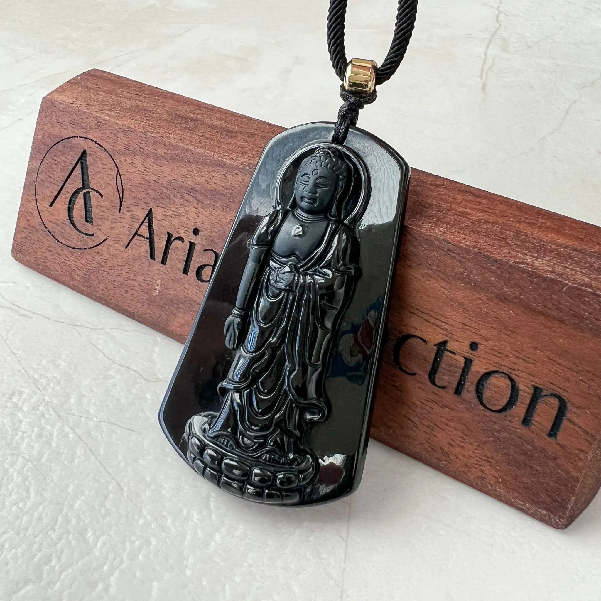 Amitabha Buddha Amita Amida, Black Jadeite Jade Omphacite Carved Pendant Necklace, LGG-1221-1673820659