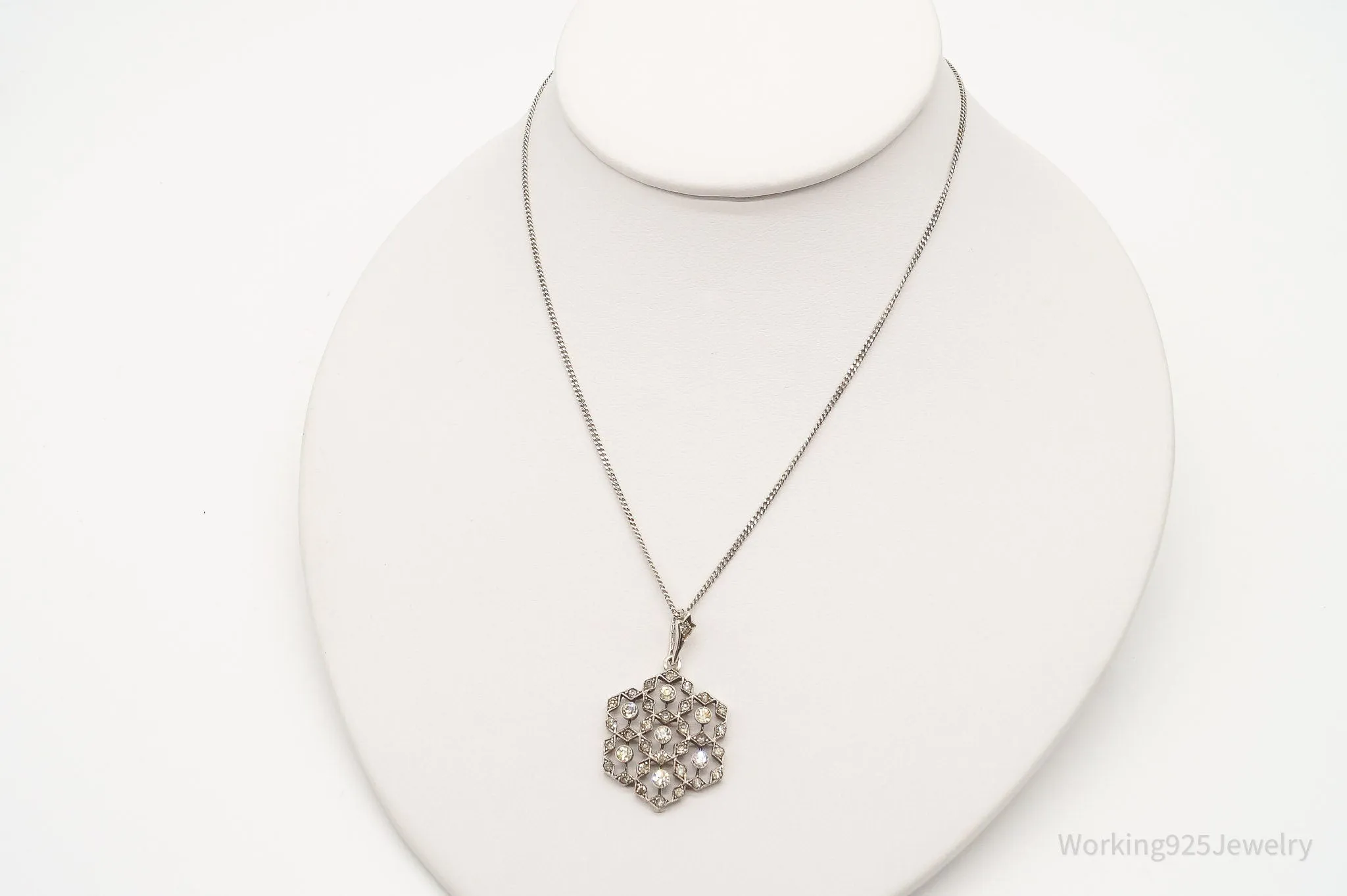 Antique Vintage Faux Diamonds Snowflake Sterling Silver Necklace