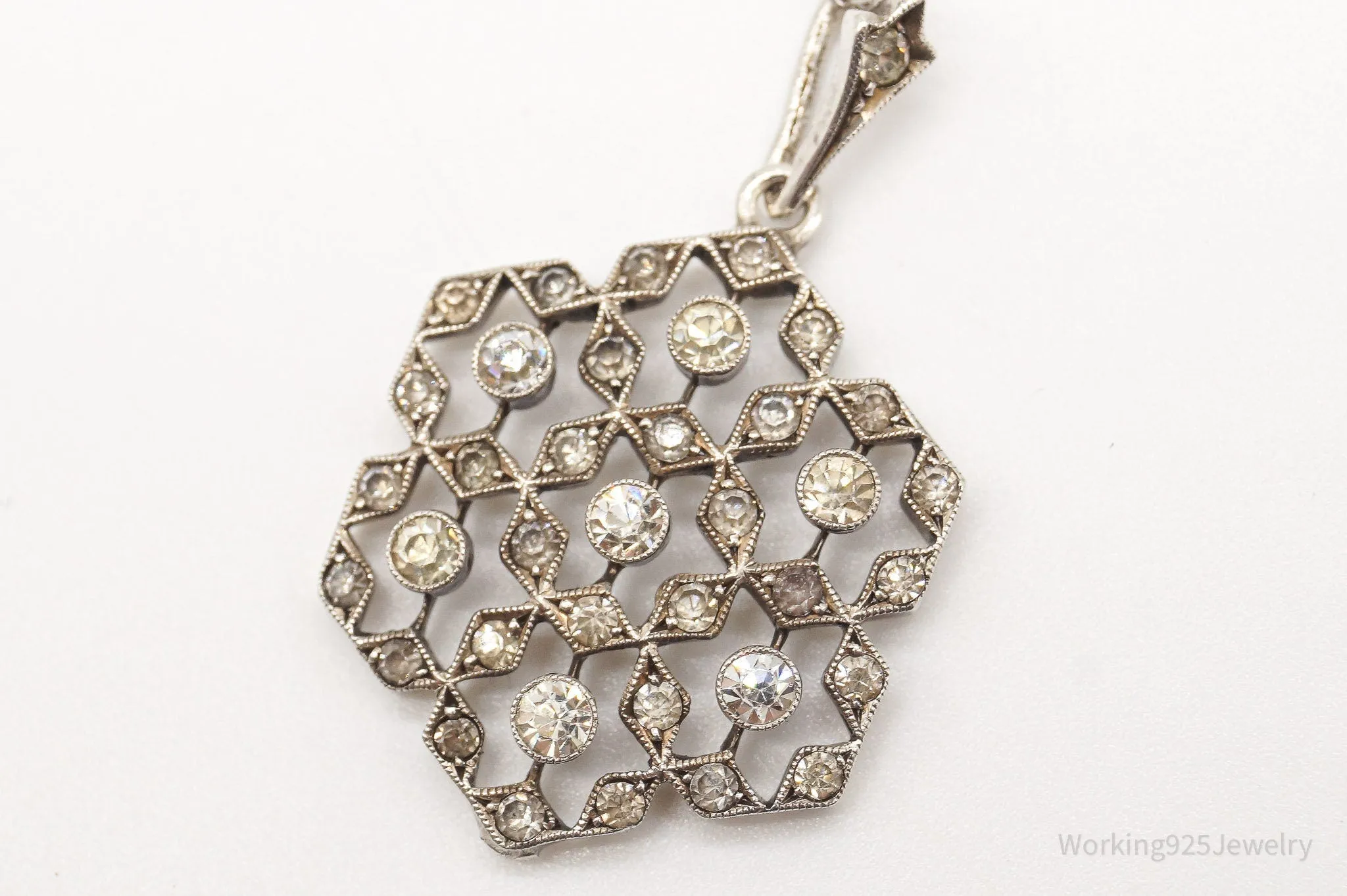 Antique Vintage Faux Diamonds Snowflake Sterling Silver Necklace