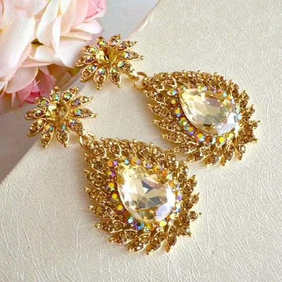 Art Deco Champagne Gold Chandelier Earrings, Gold Crystal Rhinestone Bridal Earrings, Topaz Crystal Wedding Earrings, Champagne Wedding