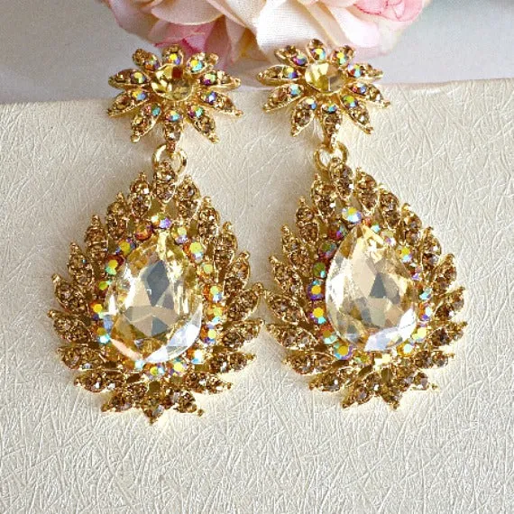 Art Deco Champagne Gold Chandelier Earrings, Gold Crystal Rhinestone Bridal Earrings, Topaz Crystal Wedding Earrings, Champagne Wedding